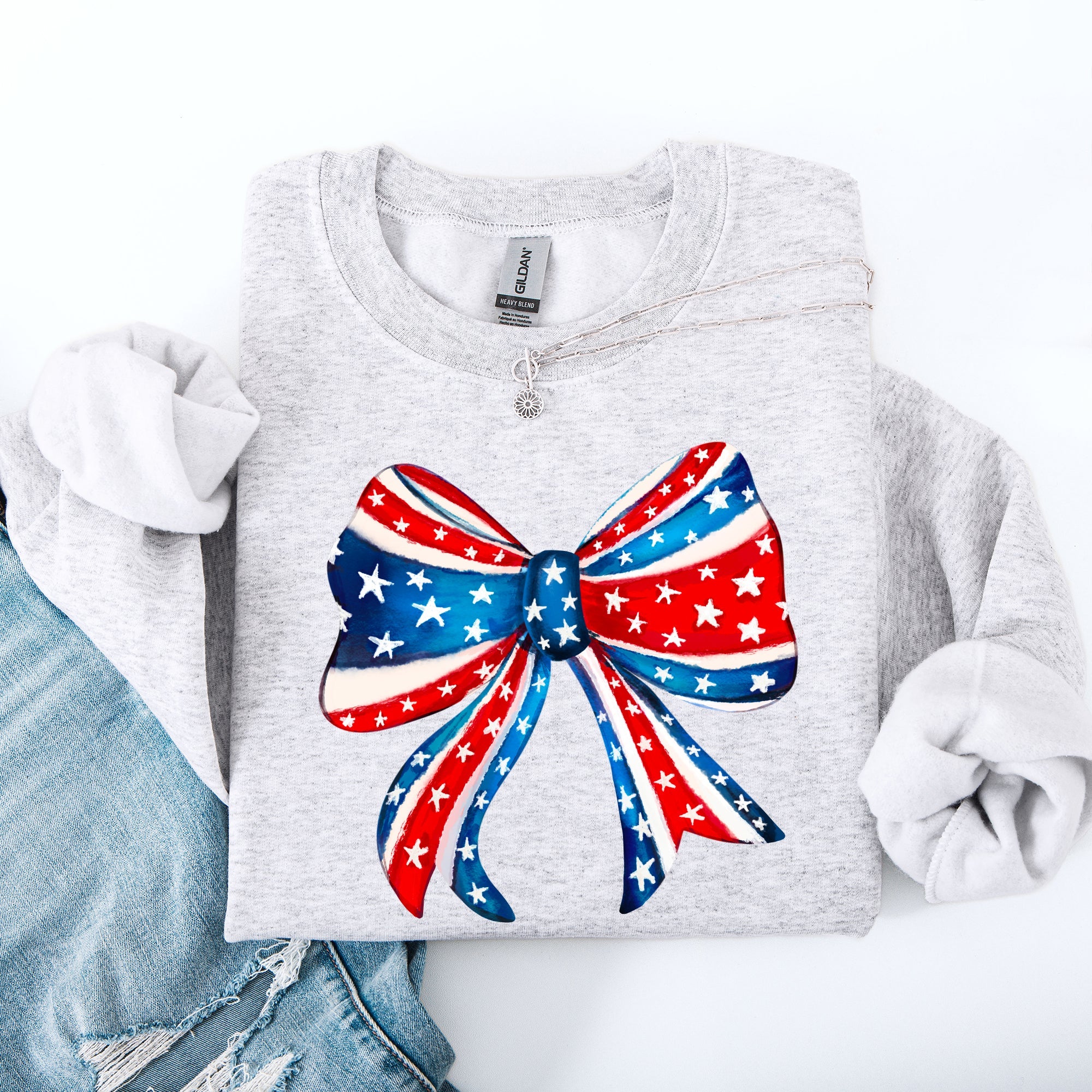American Bow Red White Blue Patriotic 4th of July Flag Inspired Vintage Style Sweatshirt