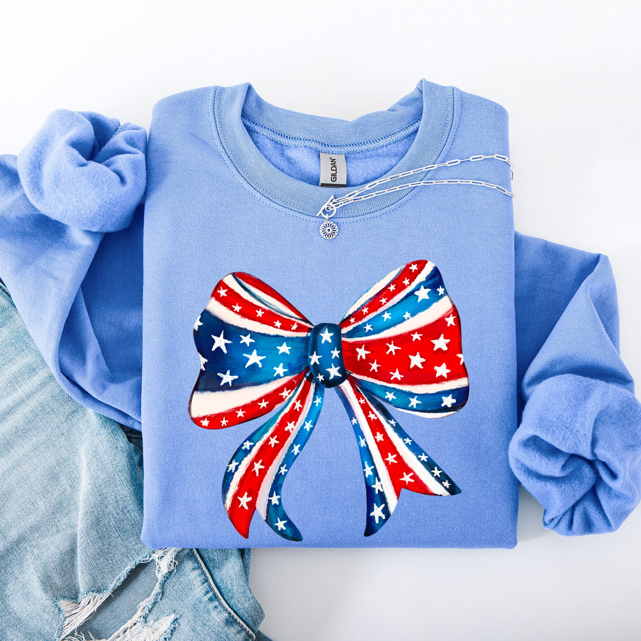 American Bow Red White Blue Patriotic 4th of July Flag Inspired Vintage Style Sweatshirt