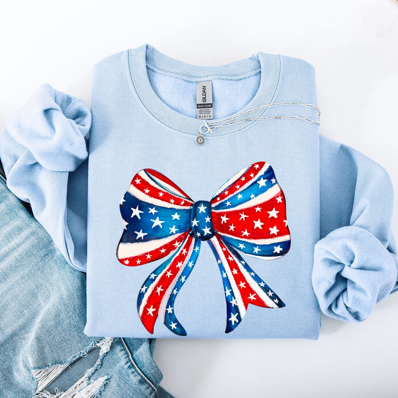 American Bow Red White Blue Patriotic 4th of July Flag Inspired Vintage Style Sweatshirt
