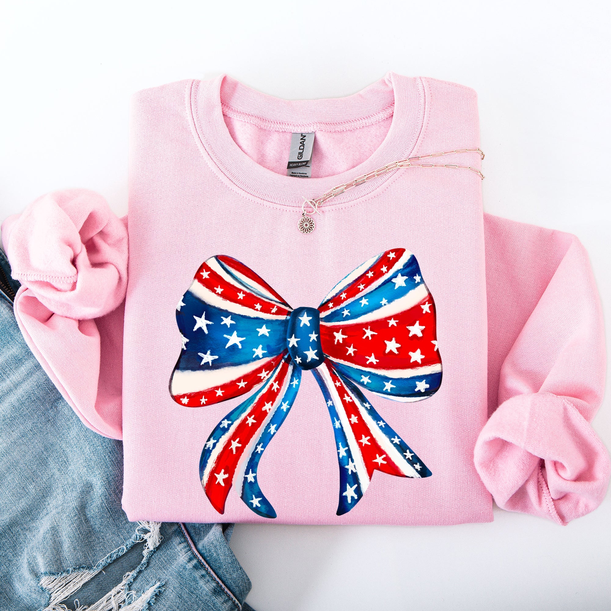 American Bow Red White Blue Patriotic 4th of July Flag Inspired Vintage Style Sweatshirt