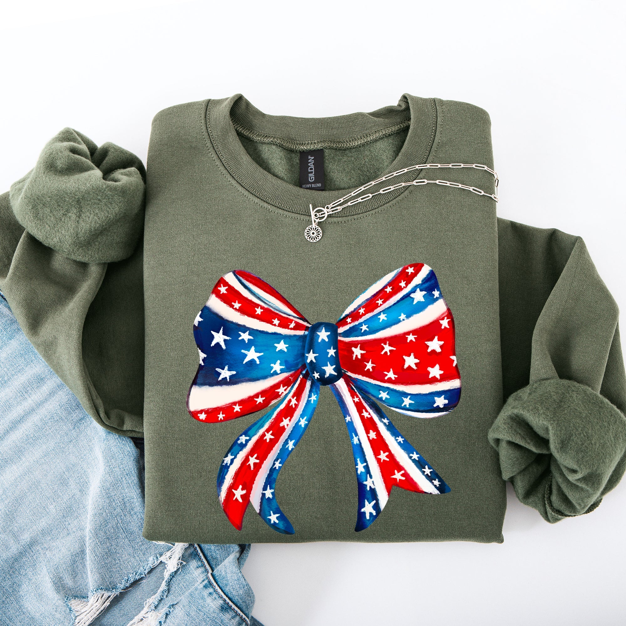 American Bow Red White Blue Patriotic 4th of July Flag Inspired Vintage Style Sweatshirt