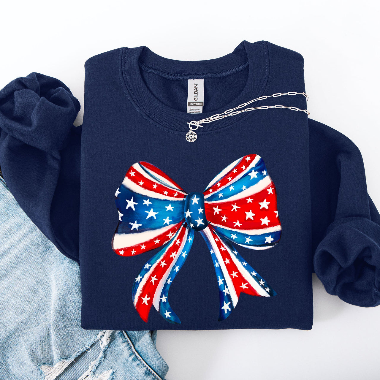 American Bow Red White Blue Patriotic 4th of July Flag Inspired Vintage Style Sweatshirt