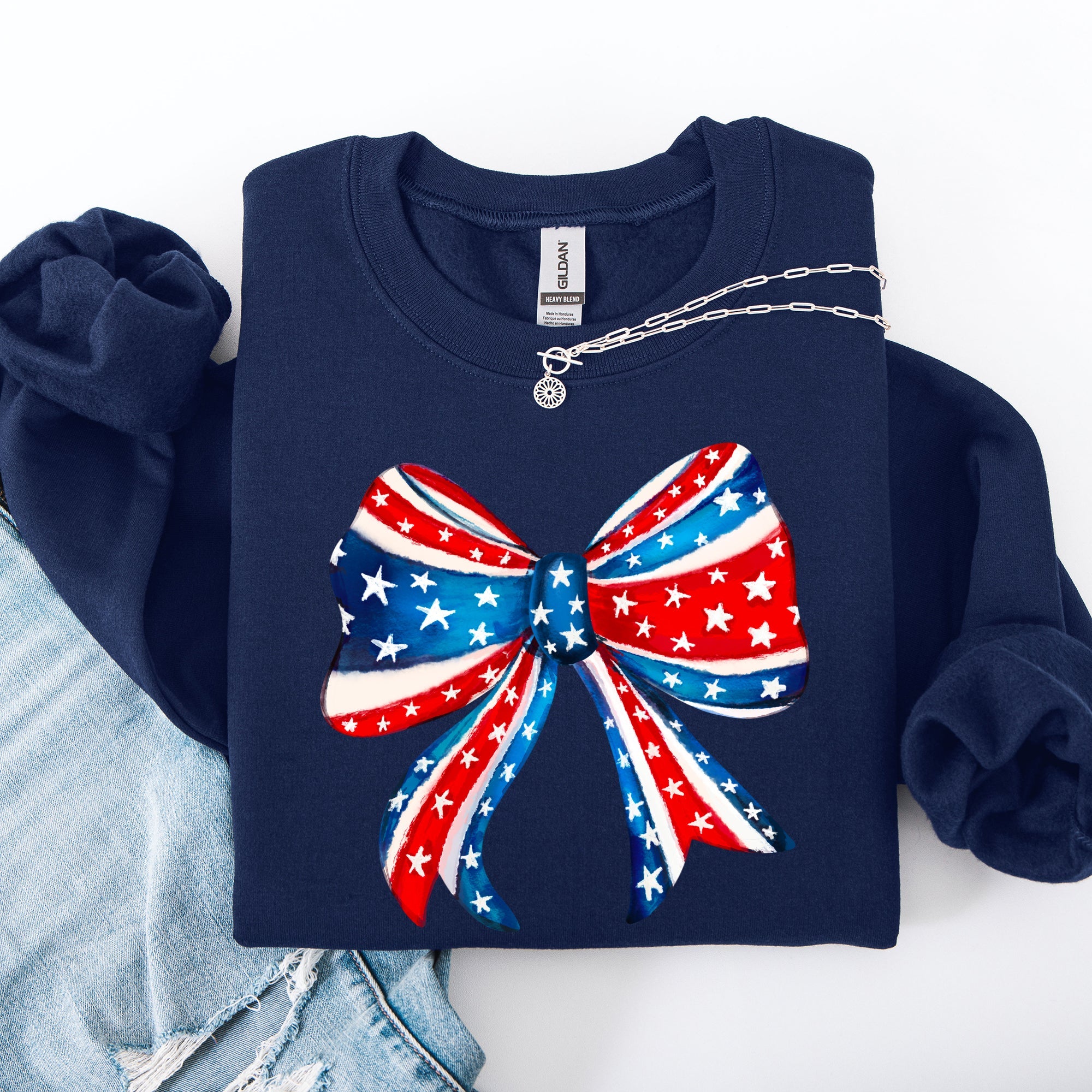 American Bow Red White Blue Patriotic 4th of July Flag Inspired Vintage Style Sweatshirt