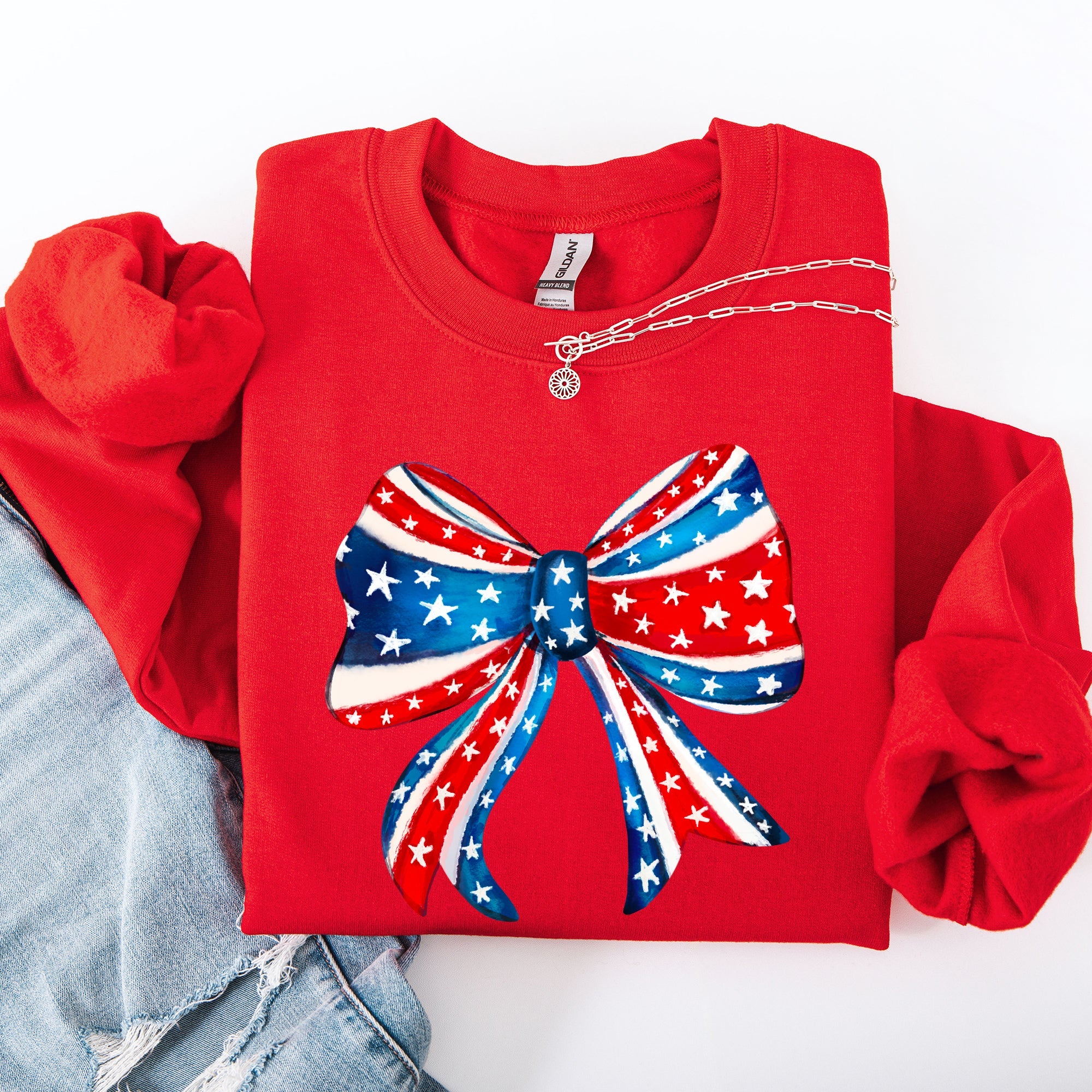 American Bow Red White Blue Patriotic 4th of July Flag Inspired Vintage Style Sweatshirt