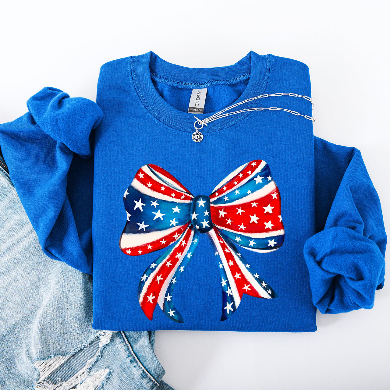 American Bow Red White Blue Patriotic 4th of July Flag Inspired Vintage Style Sweatshirt