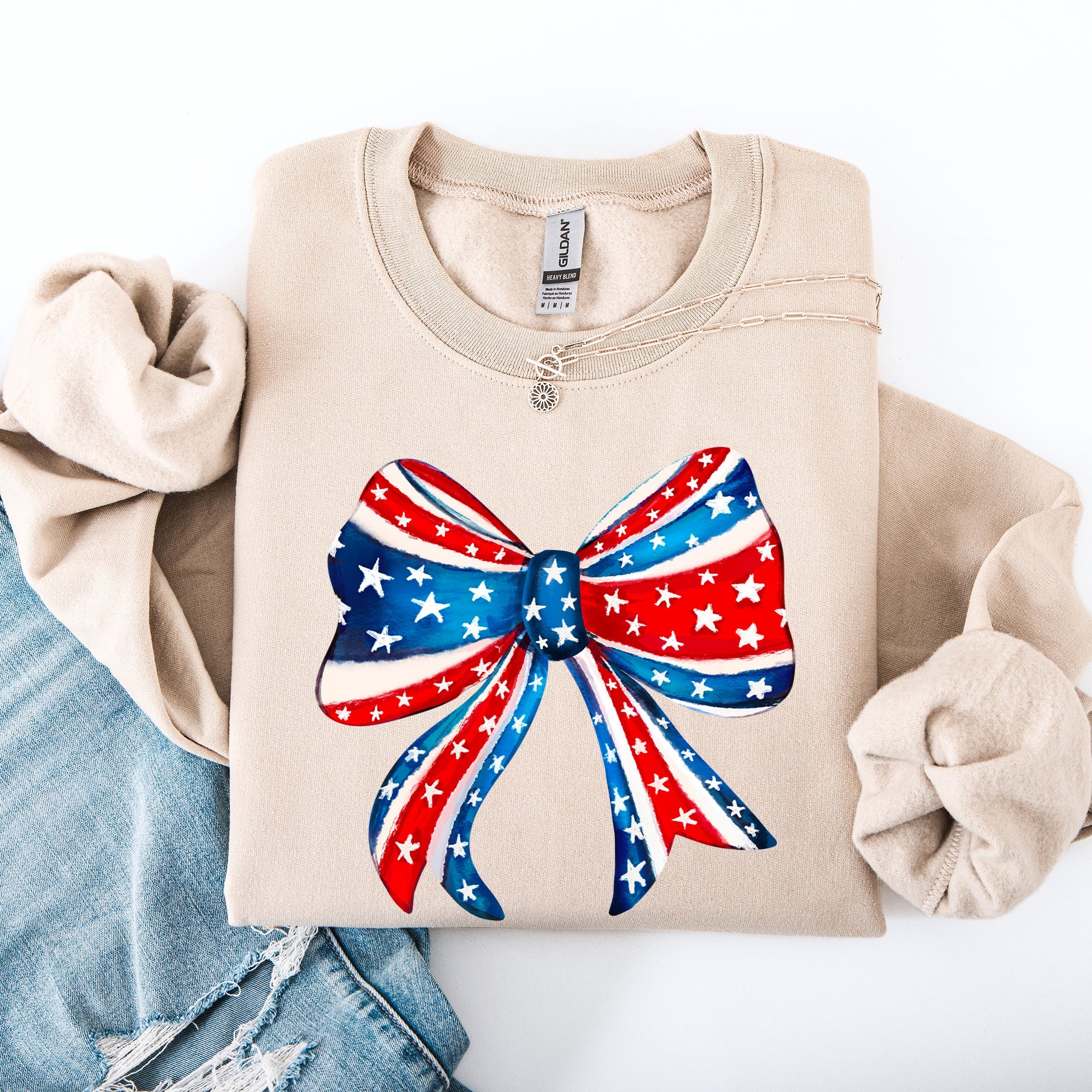 American Bow Red White Blue Patriotic 4th of July Flag Inspired Vintage Style Sweatshirt