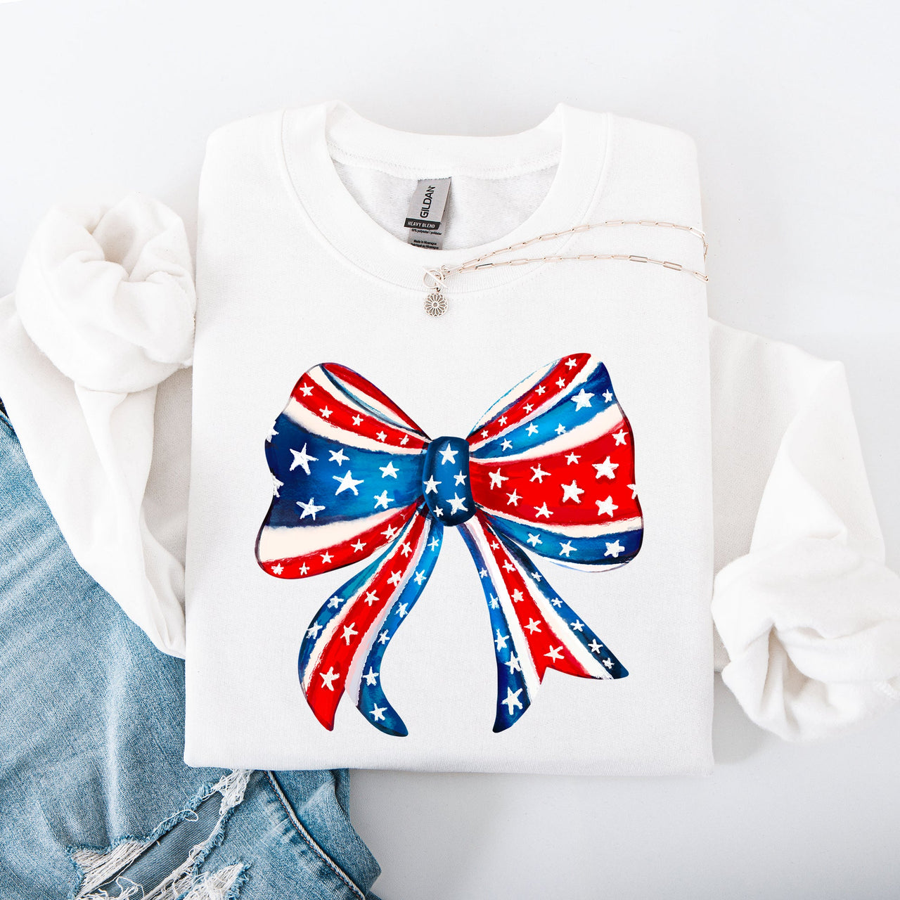 American Bow Red White Blue Patriotic 4th of July Flag Inspired Vintage Style Sweatshirt