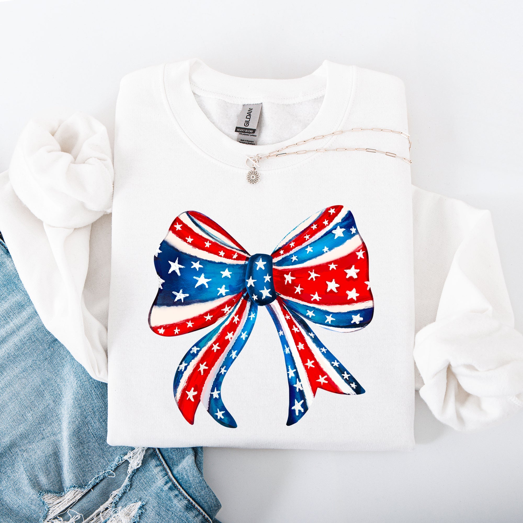 American Bow Red White Blue Patriotic 4th of July Flag Inspired Vintage Style Sweatshirt