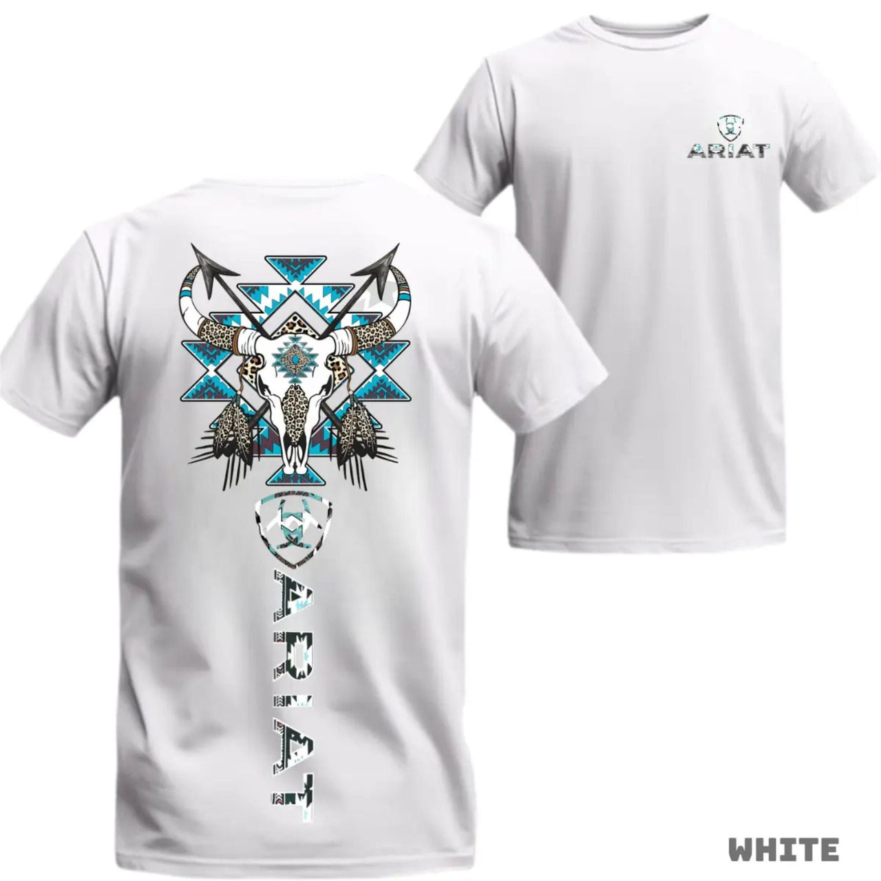 Ariat Western Bull Skull T-Shirt - Tribal Graphic with Turquoise Accents, Rodeo Style Gift Tee
