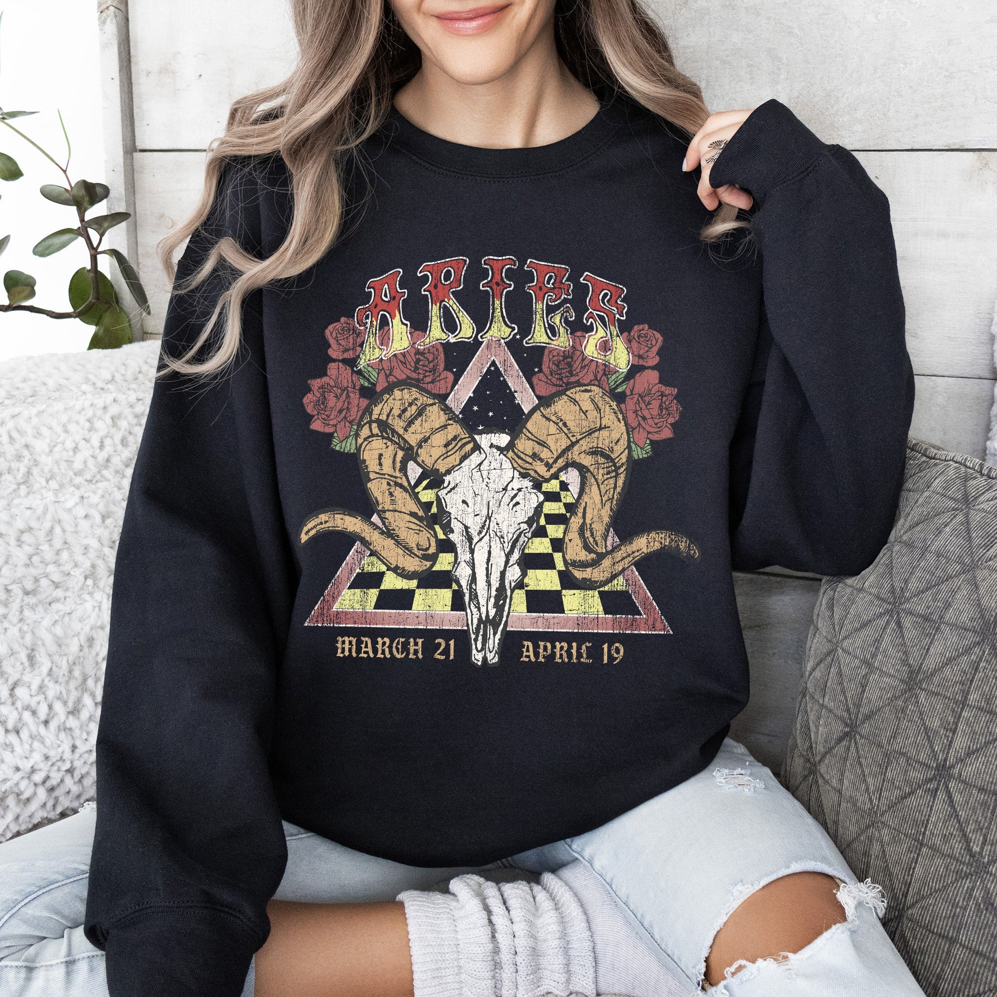 Aries Zodiac Astrology Horoscope Celestial Sign Constellation Pattern Vintage Inspired Graphic Sweatshirt