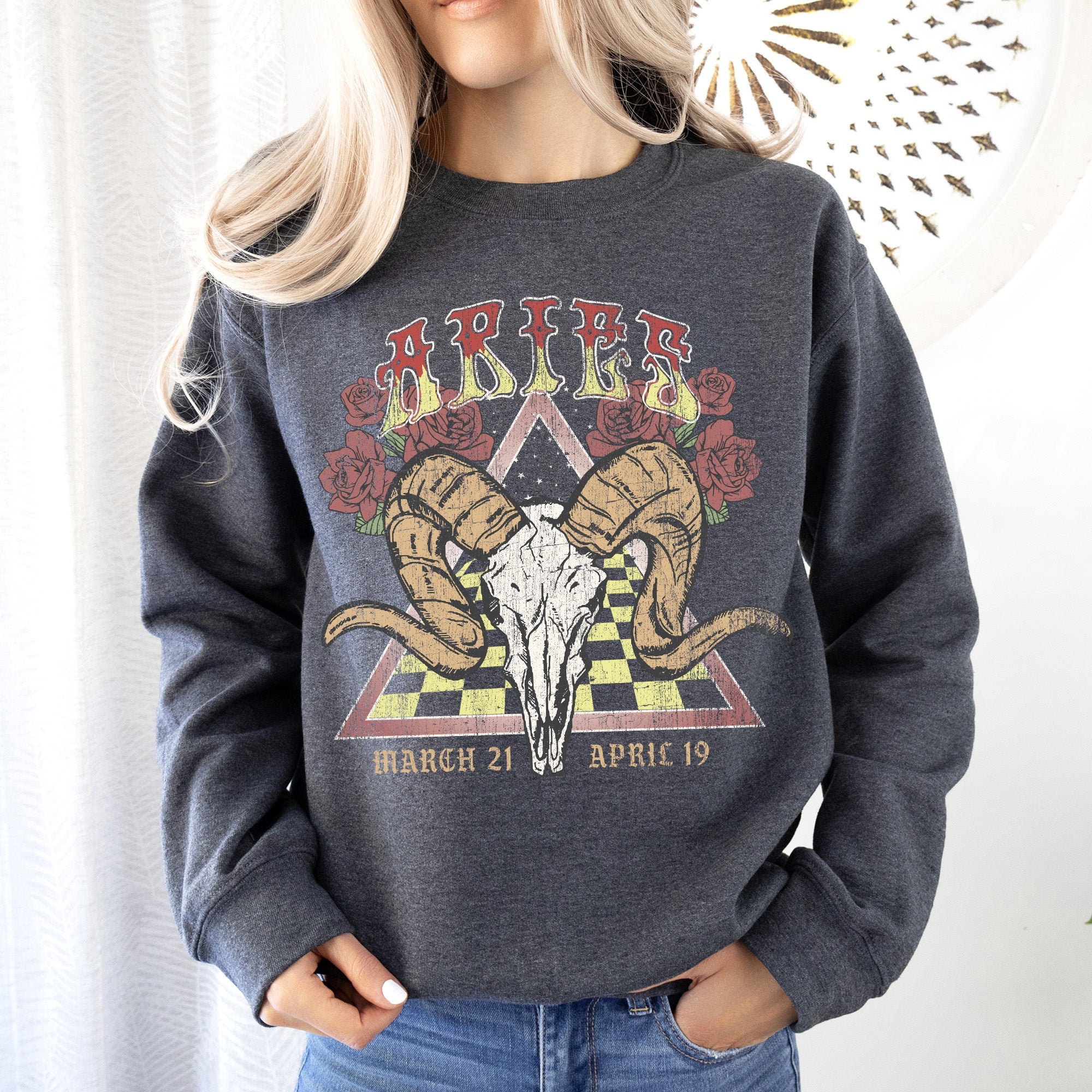 Aries Zodiac Astrology Horoscope Celestial Sign Constellation Pattern Vintage Inspired Graphic Sweatshirt