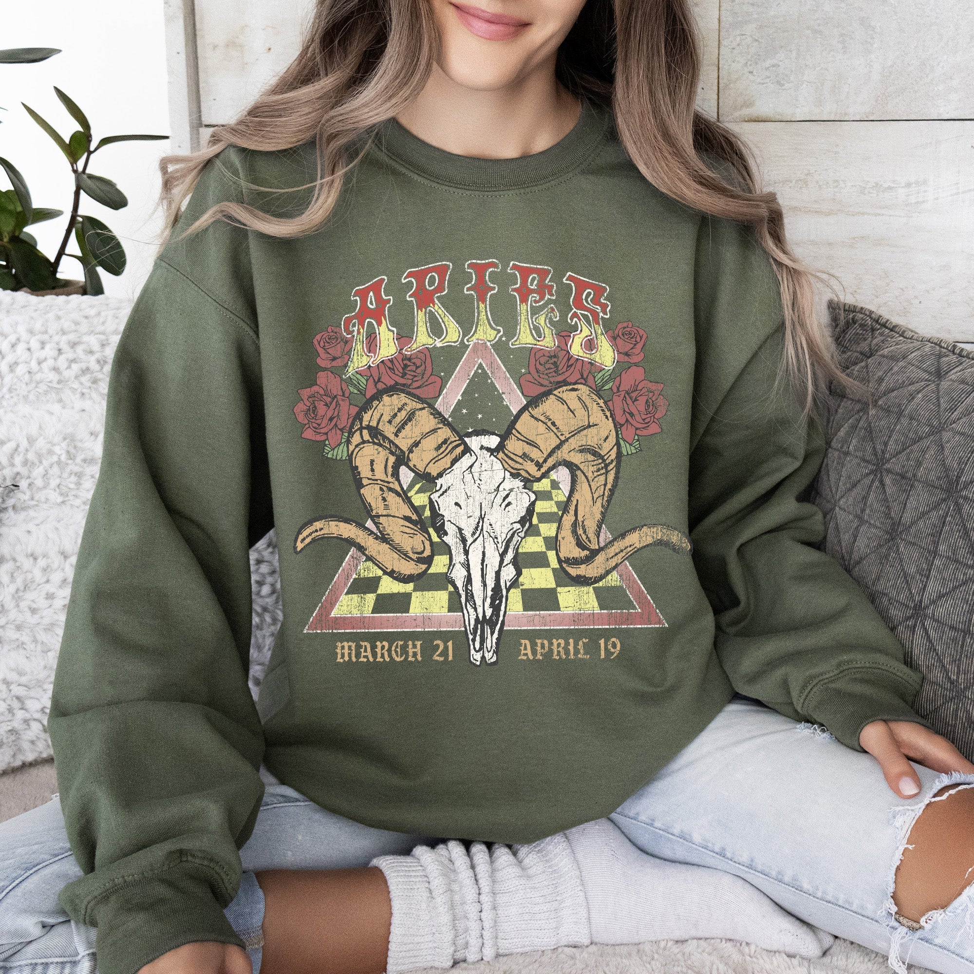 Aries Zodiac Astrology Horoscope Celestial Sign Constellation Pattern Vintage Inspired Graphic Sweatshirt