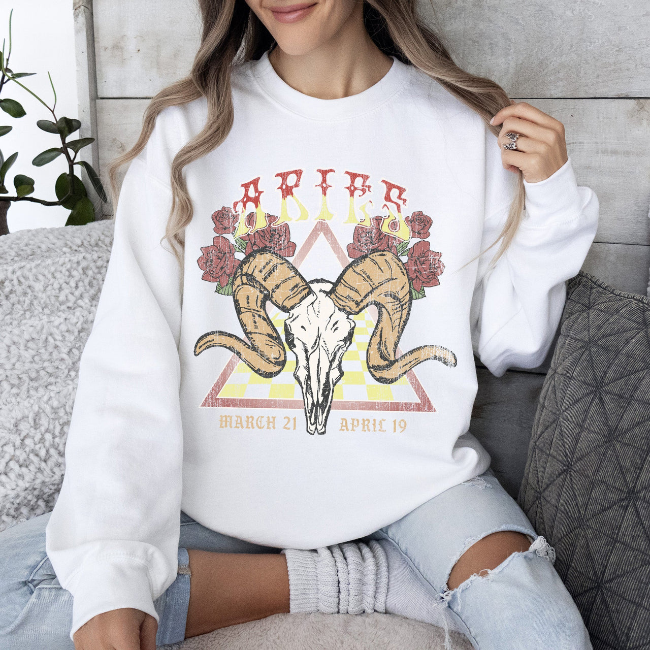 Aries Zodiac Astrology Horoscope Celestial Sign Constellation Pattern Vintage Inspired Graphic Sweatshirt