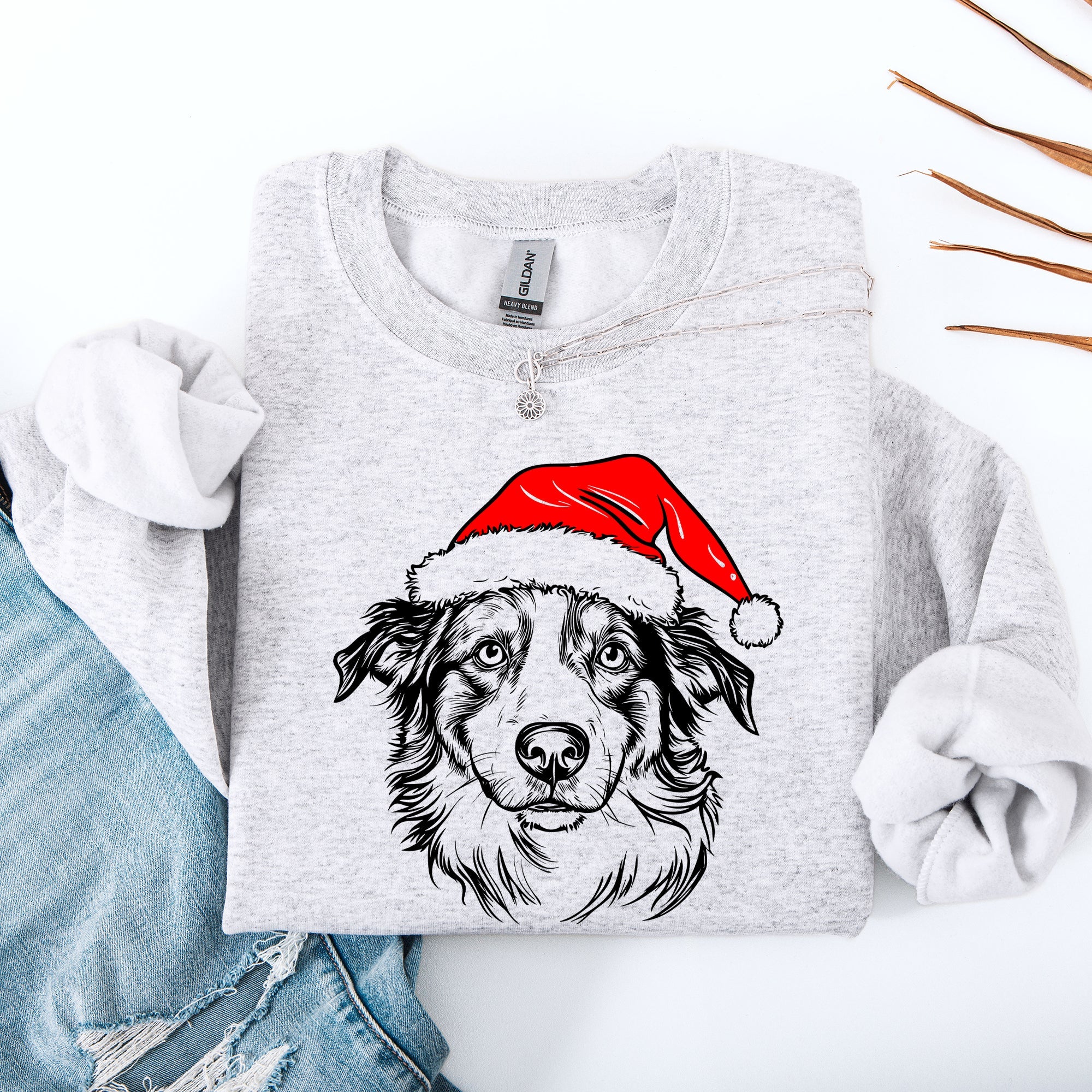 Australian Shepherd Santa Dog Lover Christmas Festive Holiday Graphic Sweatshirt