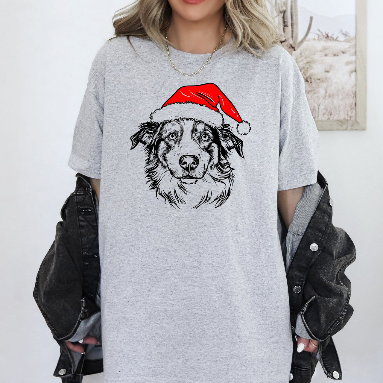 Australian Shepherd Santa Claus Christmas Dog Lover Portrait Holiday Comfort Colors Tee