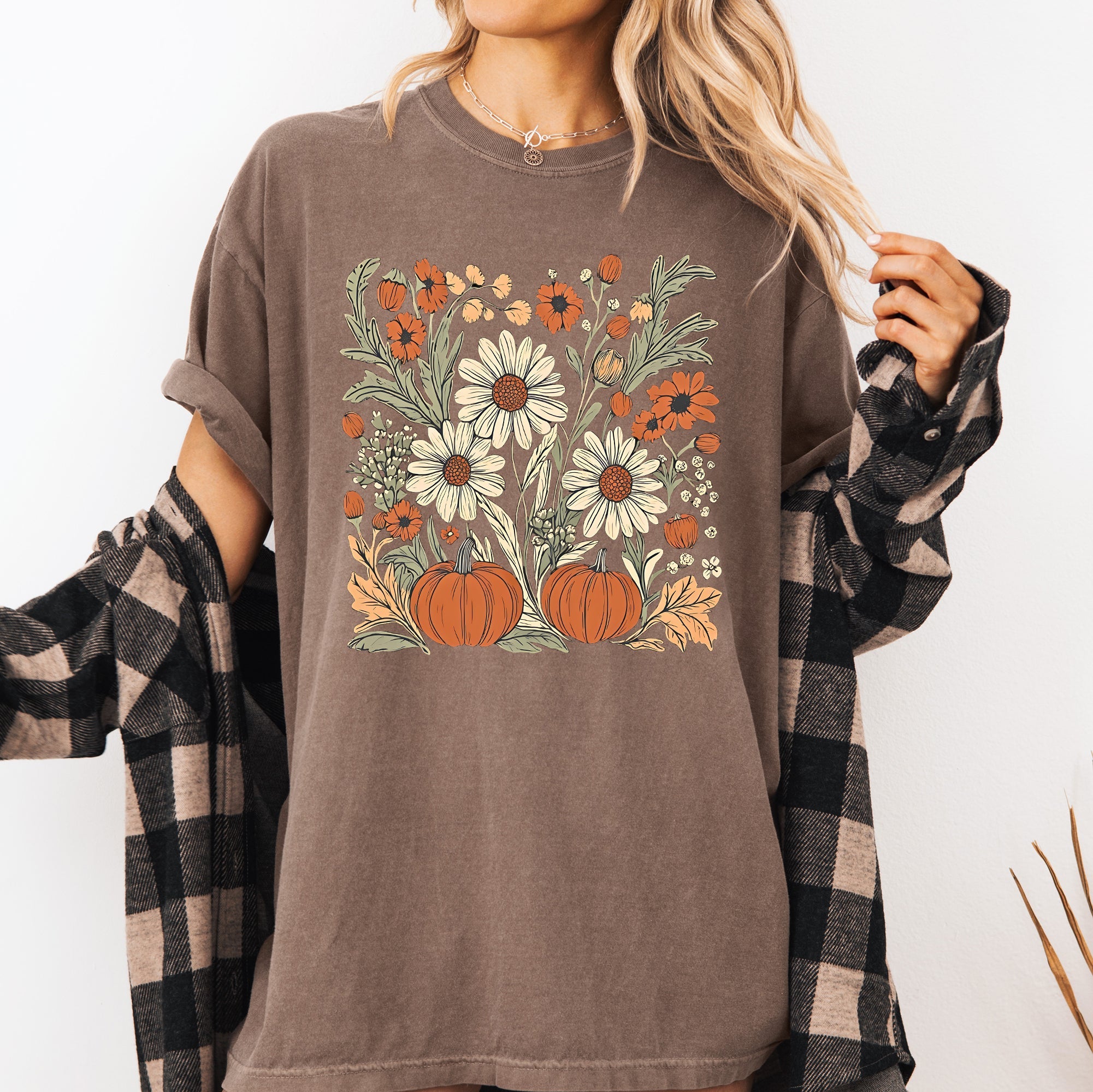 Autumn Botanical Floral Pressed Flowers Pumpkins Thanksgiving Harvest Comfort Colors Tee