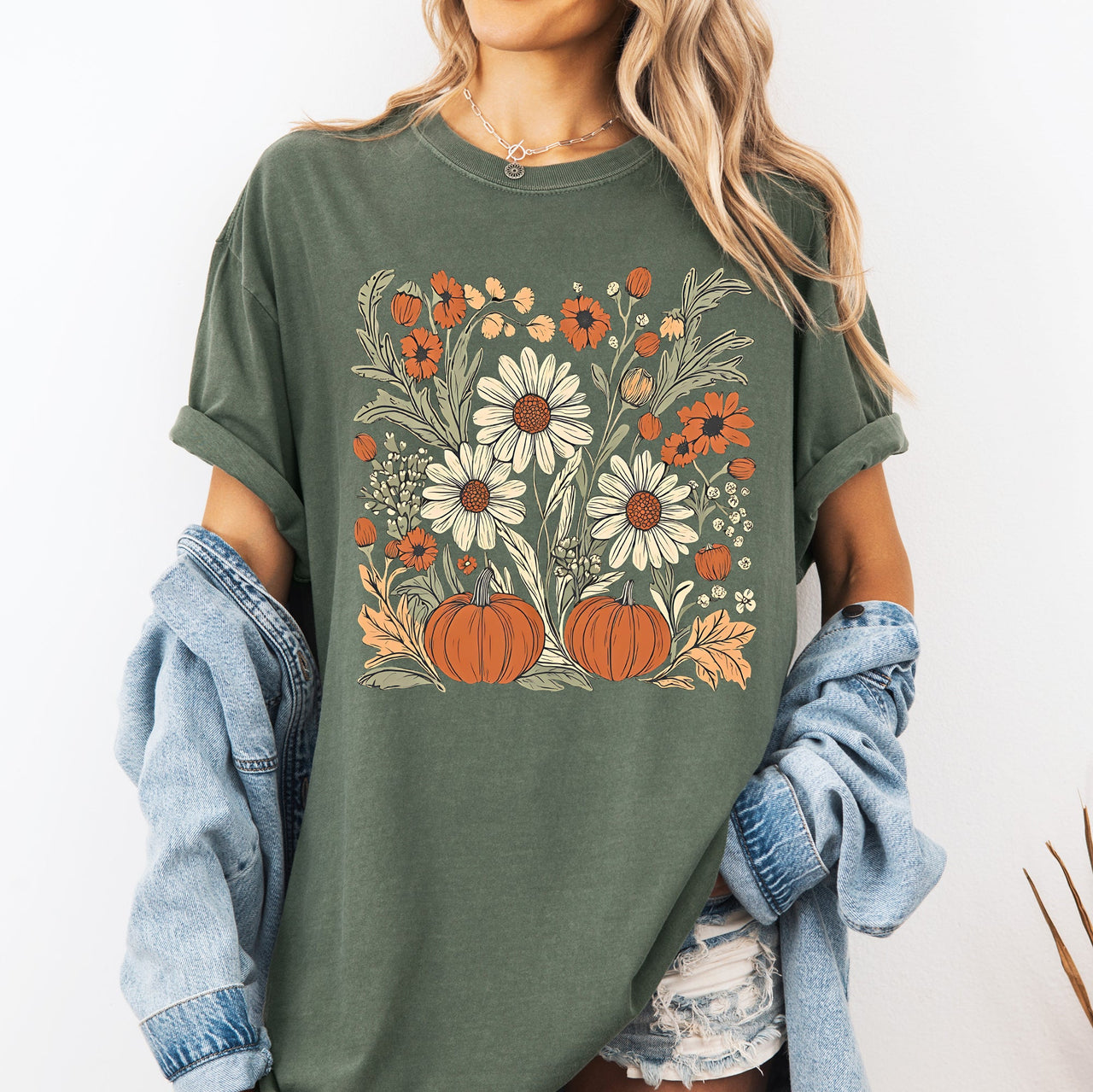 Autumn Botanical Floral Pressed Flowers Pumpkins Thanksgiving Harvest Comfort Colors Tee