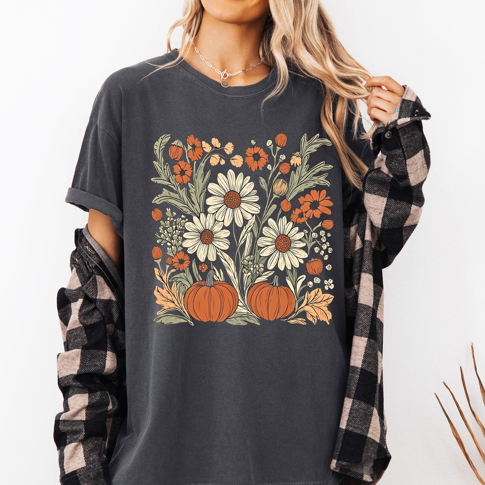 Autumn Botanical Floral Pressed Flowers Pumpkins Thanksgiving Harvest Comfort Colors Tee