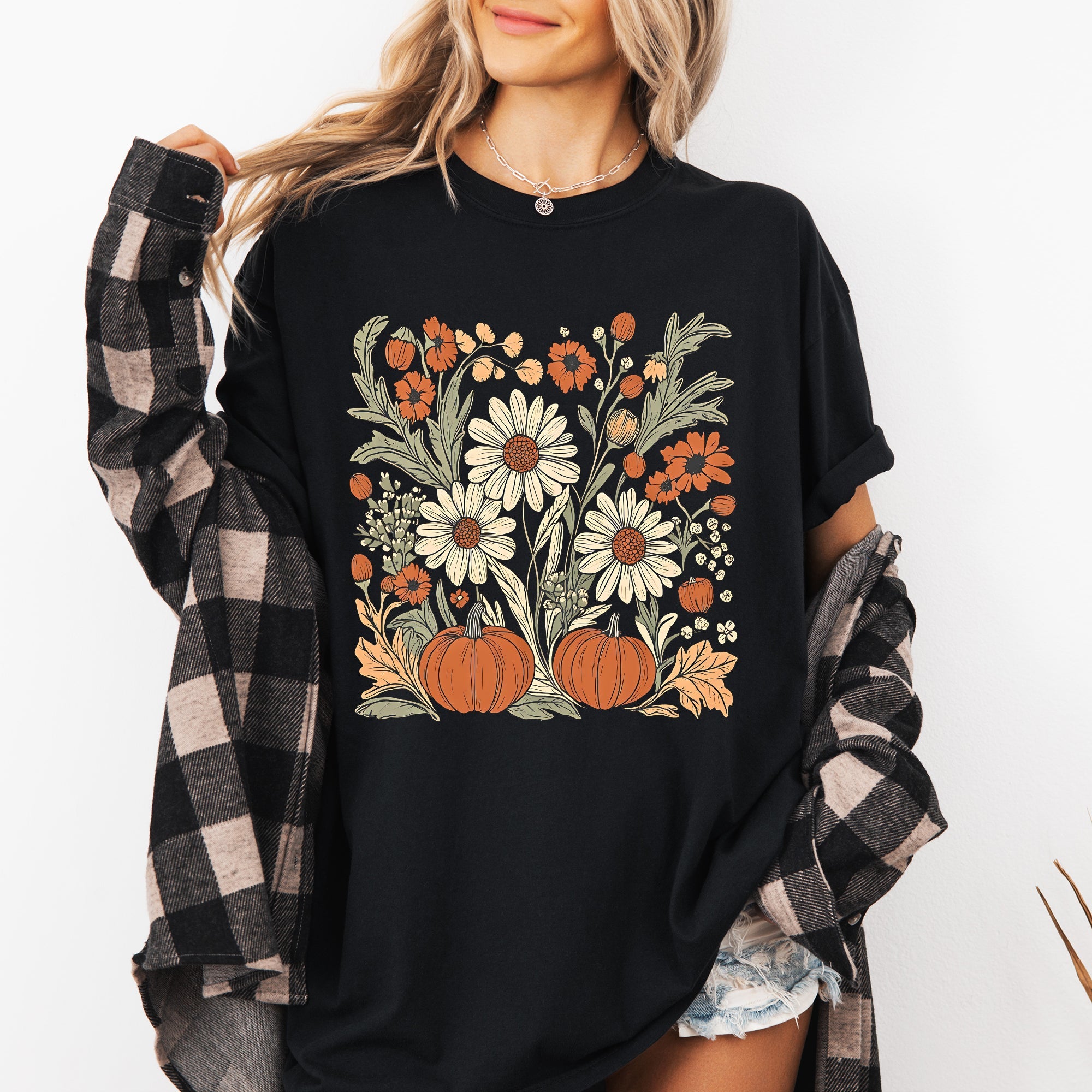 Autumn Botanical Floral Pressed Flowers Pumpkins Thanksgiving Harvest Comfort Colors Tee
