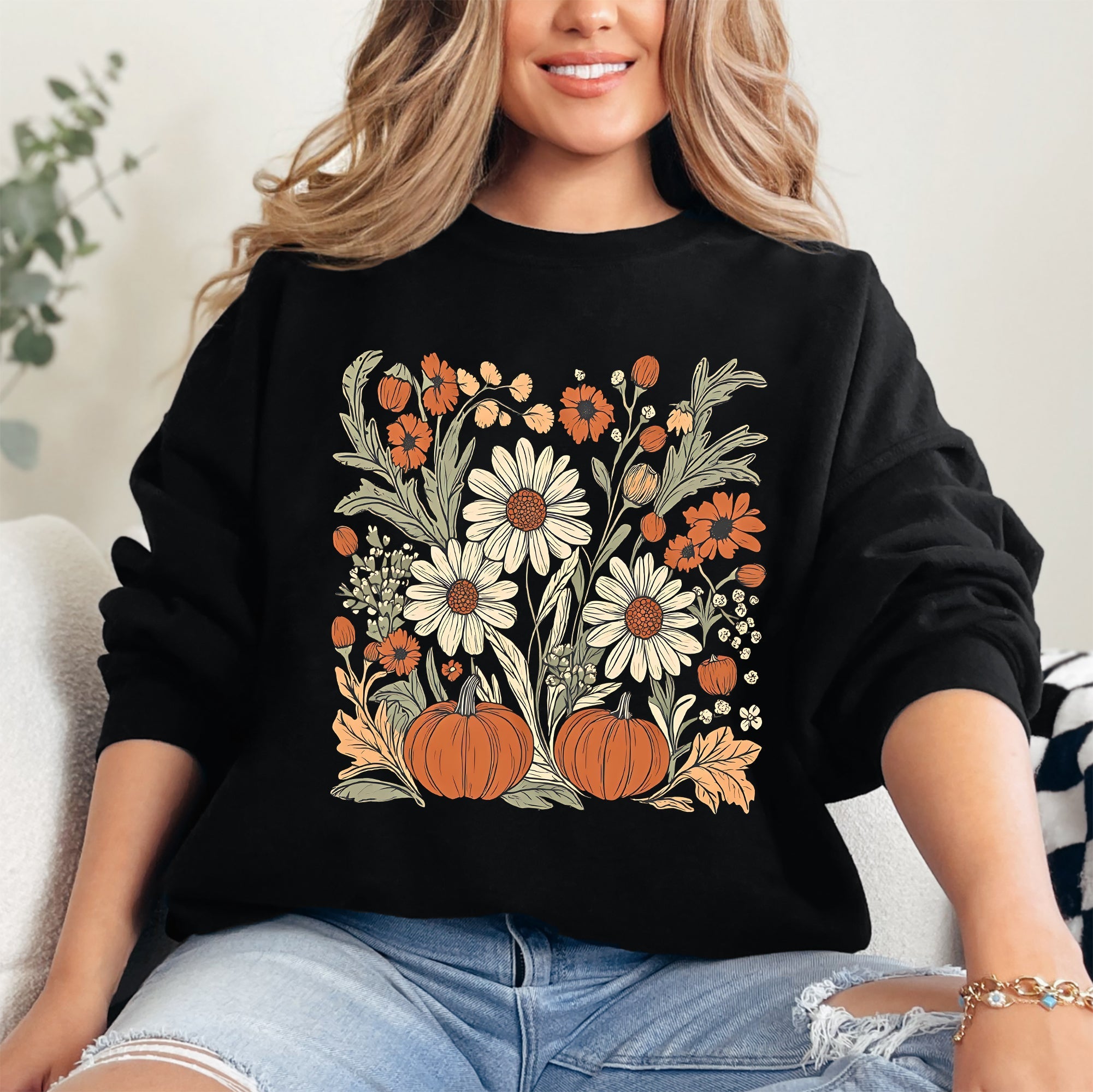 Autumn Botanical Floral Pressed Flowers Pumpkins Thanksgiving Season Cozy Sweatshirt