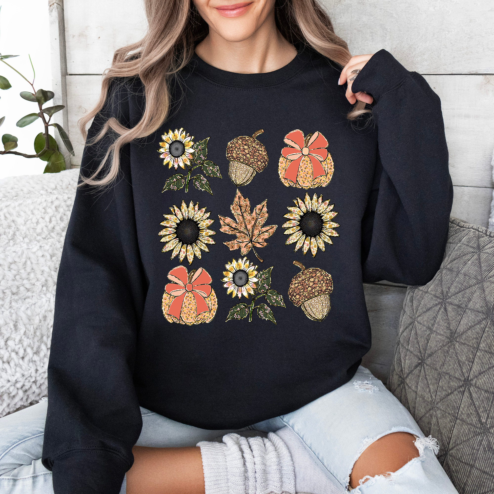 Autumn Floral Sunflowers Pumpkin Cozy Fall Harvest Botanical Theme Artwork Sweatshirt