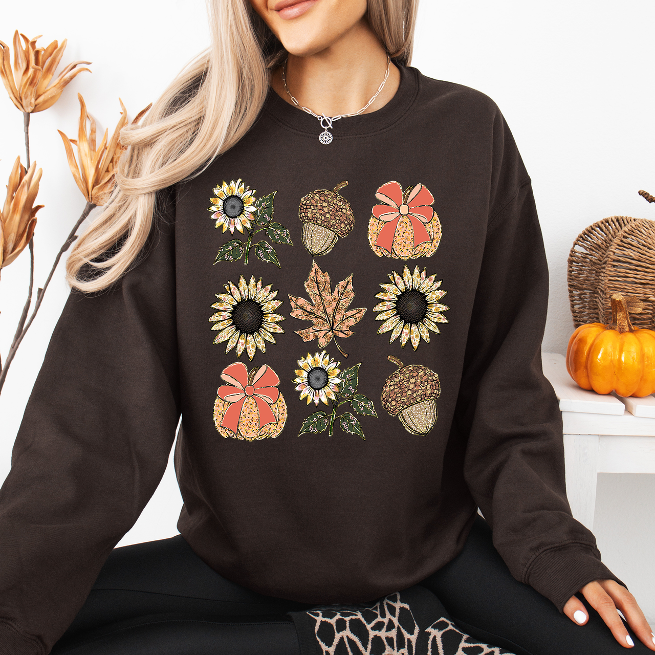 Autumn Floral Sunflowers Pumpkin Cozy Fall Harvest Botanical Theme Artwork Sweatshirt