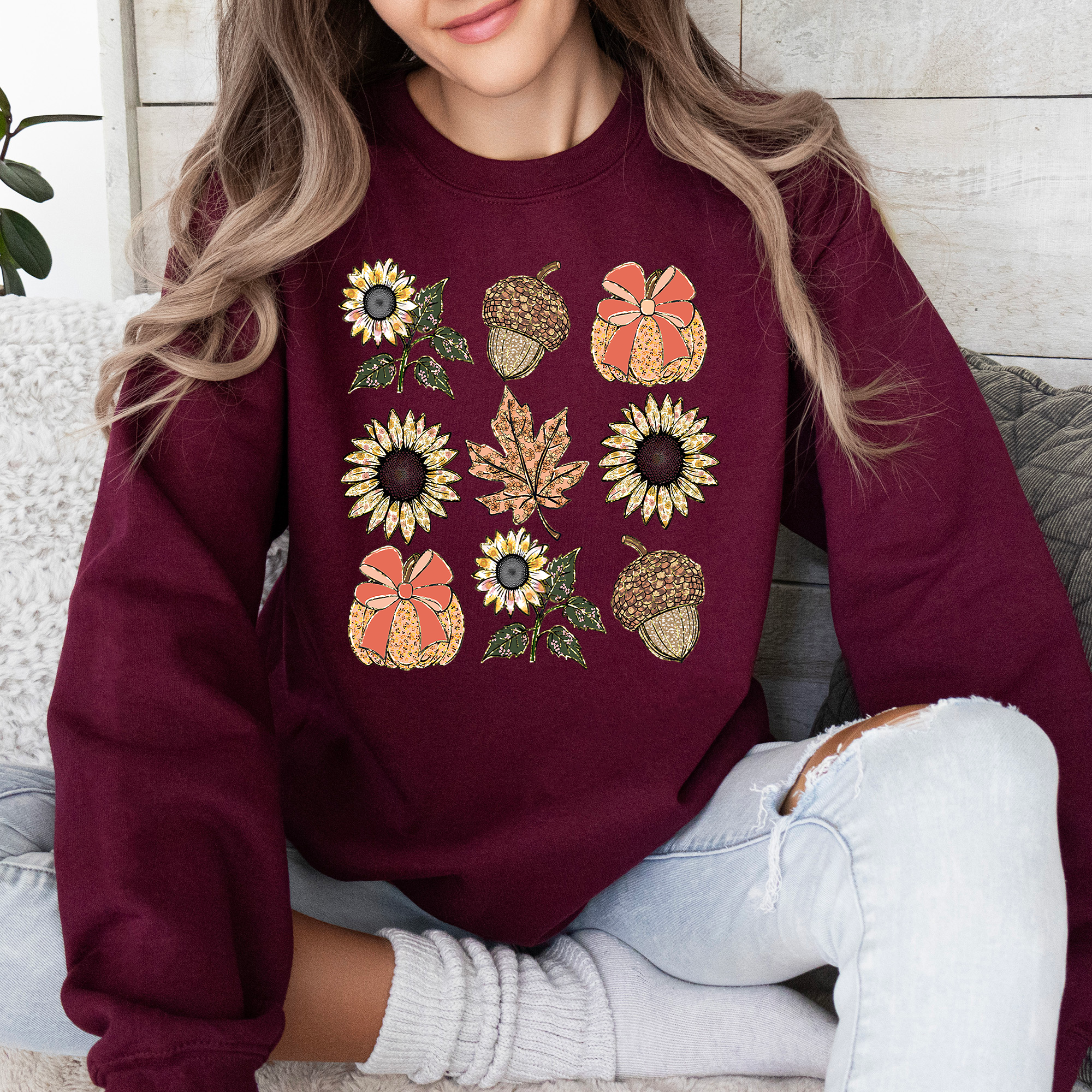 Autumn Floral Sunflowers Pumpkin Cozy Fall Harvest Botanical Theme Artwork Sweatshirt