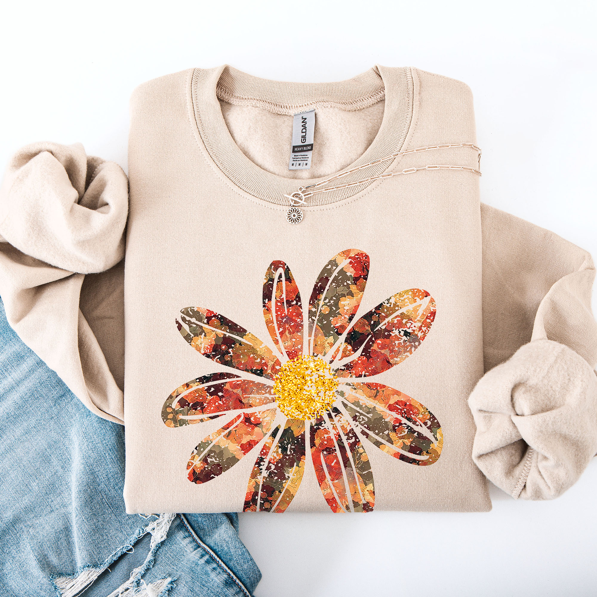 Autumn Flower Beautiful Fall Floral Sunflowers Pumpkins Harvest Print Cozy Sweatshirt