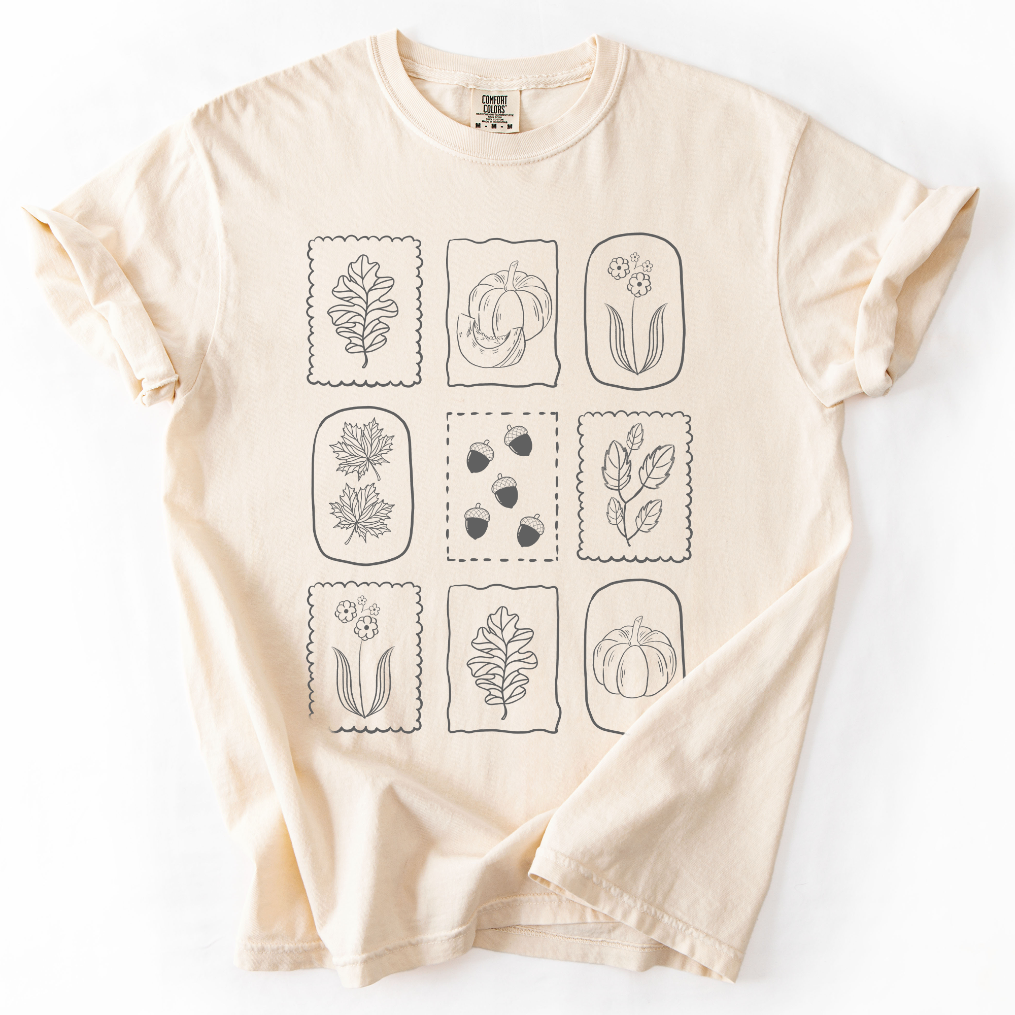 Autumn Flowers Minimalist Boho Fall Bouquet With Blue Wildflowers Sunflowers And Pumpkin Accents Comfort Colors Tee