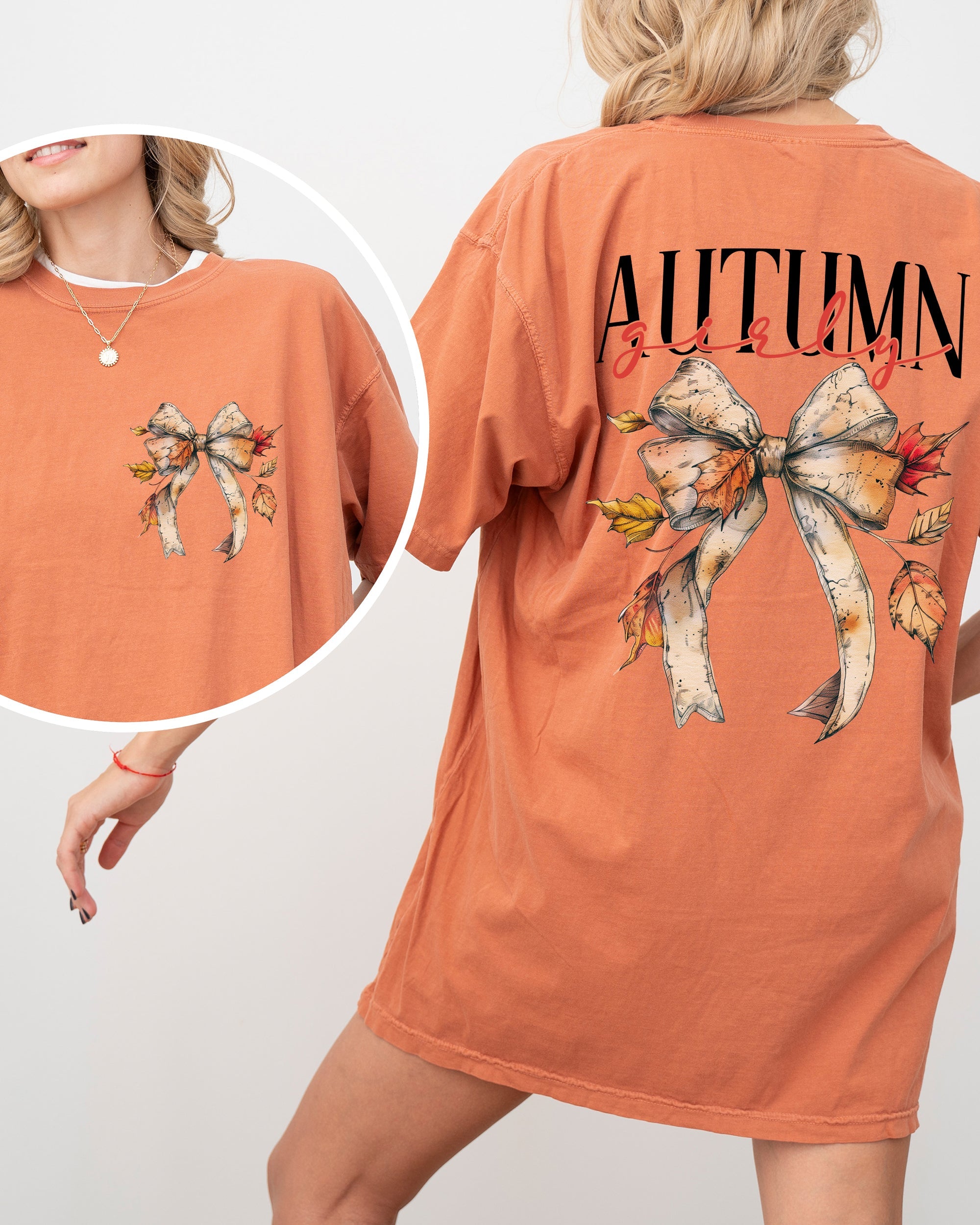 Autumn Girly Fall Leaves Foliage Pumpkin Spice Latte Coffee Thanksgiving Comfort Colors Tee