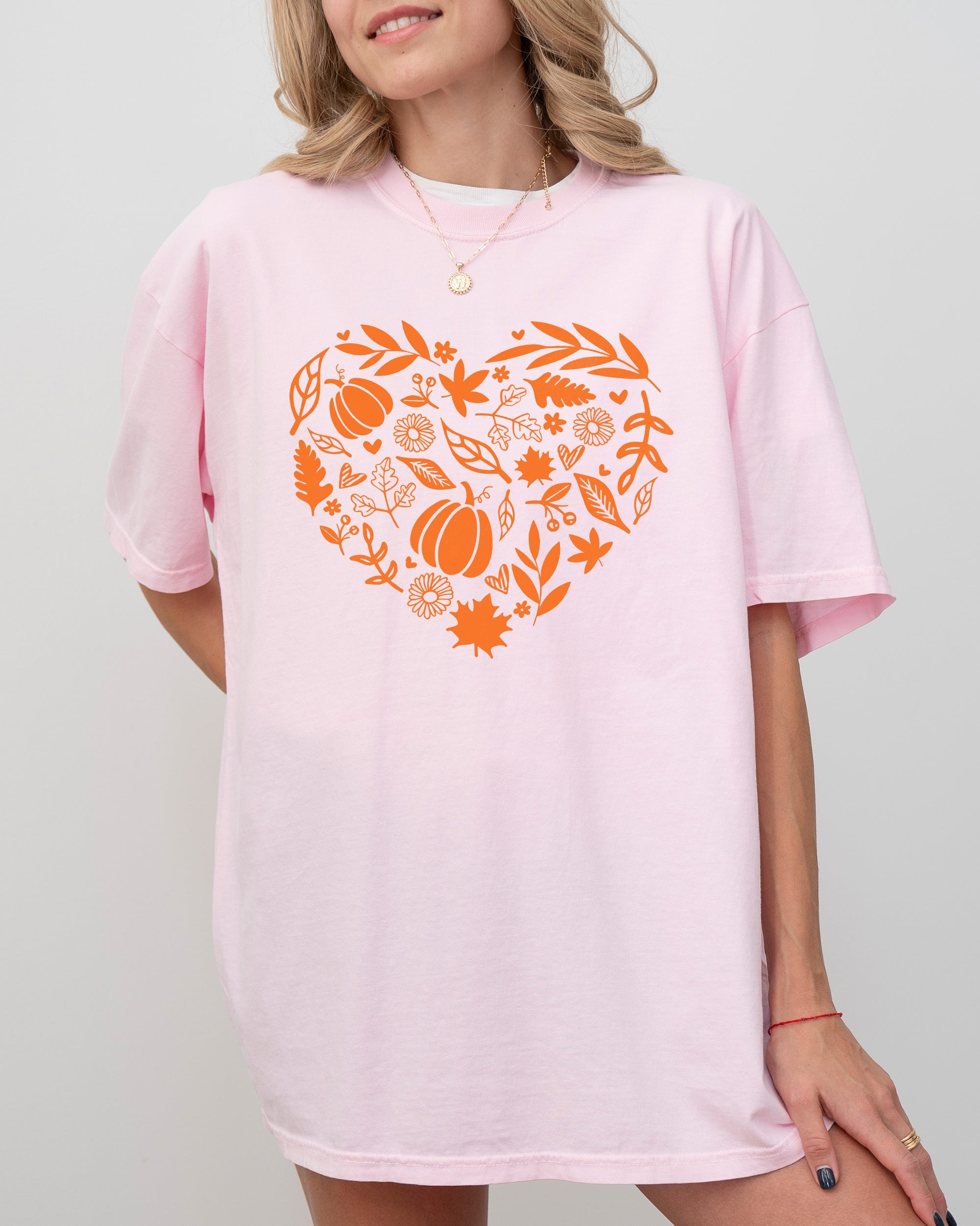 Autumn Heart Design Pumpkins Flowers Leaves Fall Thanksgiving Halloween Comfort Colors Tee
