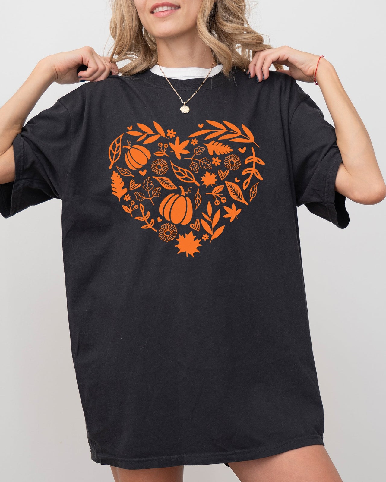 Autumn Heart Design Pumpkins Flowers Leaves Fall Thanksgiving Halloween Comfort Colors Tee