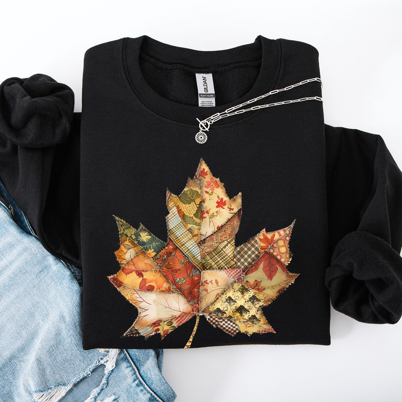 Autumn Leaf Faux Quilt Leaves Floral Sunflowers Pumpkins Thanksgiving Sweatshirt