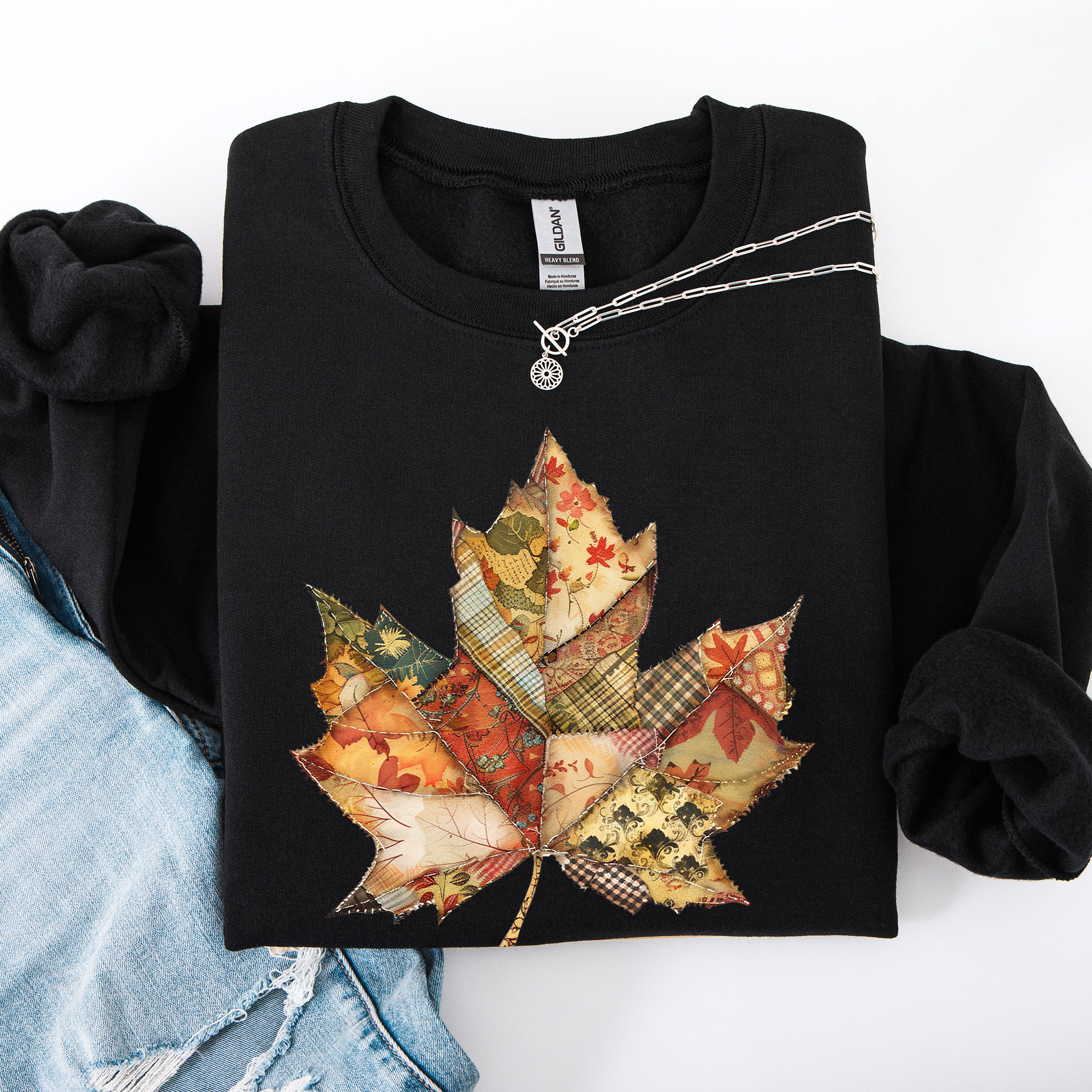 Autumn Leaf Faux Quilt Leaves Floral Sunflowers Pumpkins Thanksgiving Sweatshirt