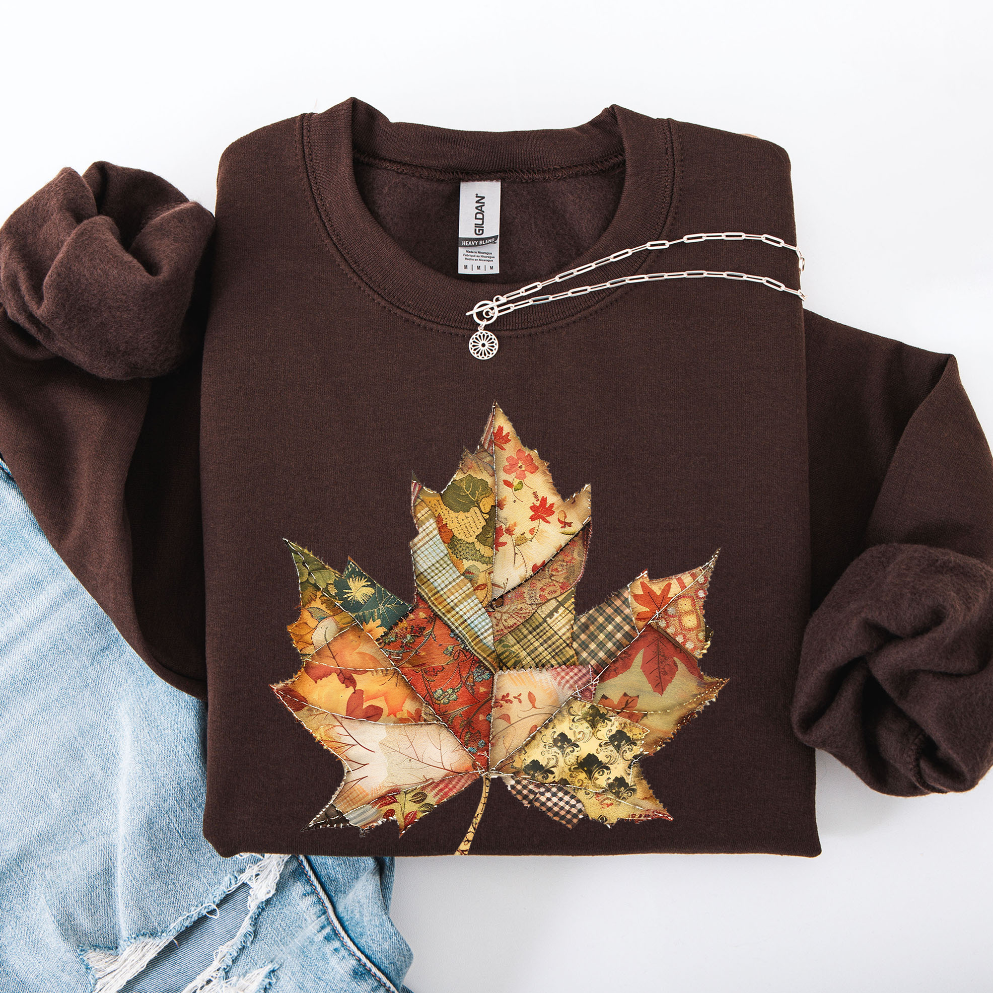 Autumn Leaf Faux Quilt Leaves Floral Sunflowers Pumpkins Thanksgiving Sweatshirt