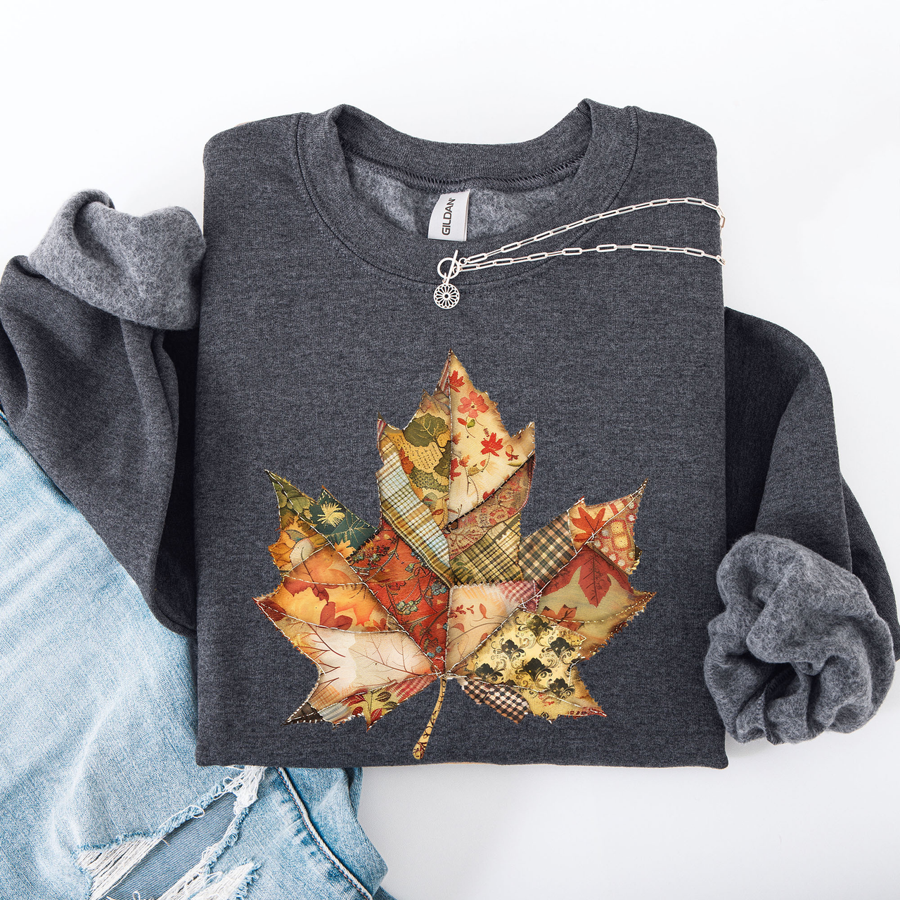 Autumn Leaf Faux Quilt Leaves Floral Sunflowers Pumpkins Thanksgiving Sweatshirt