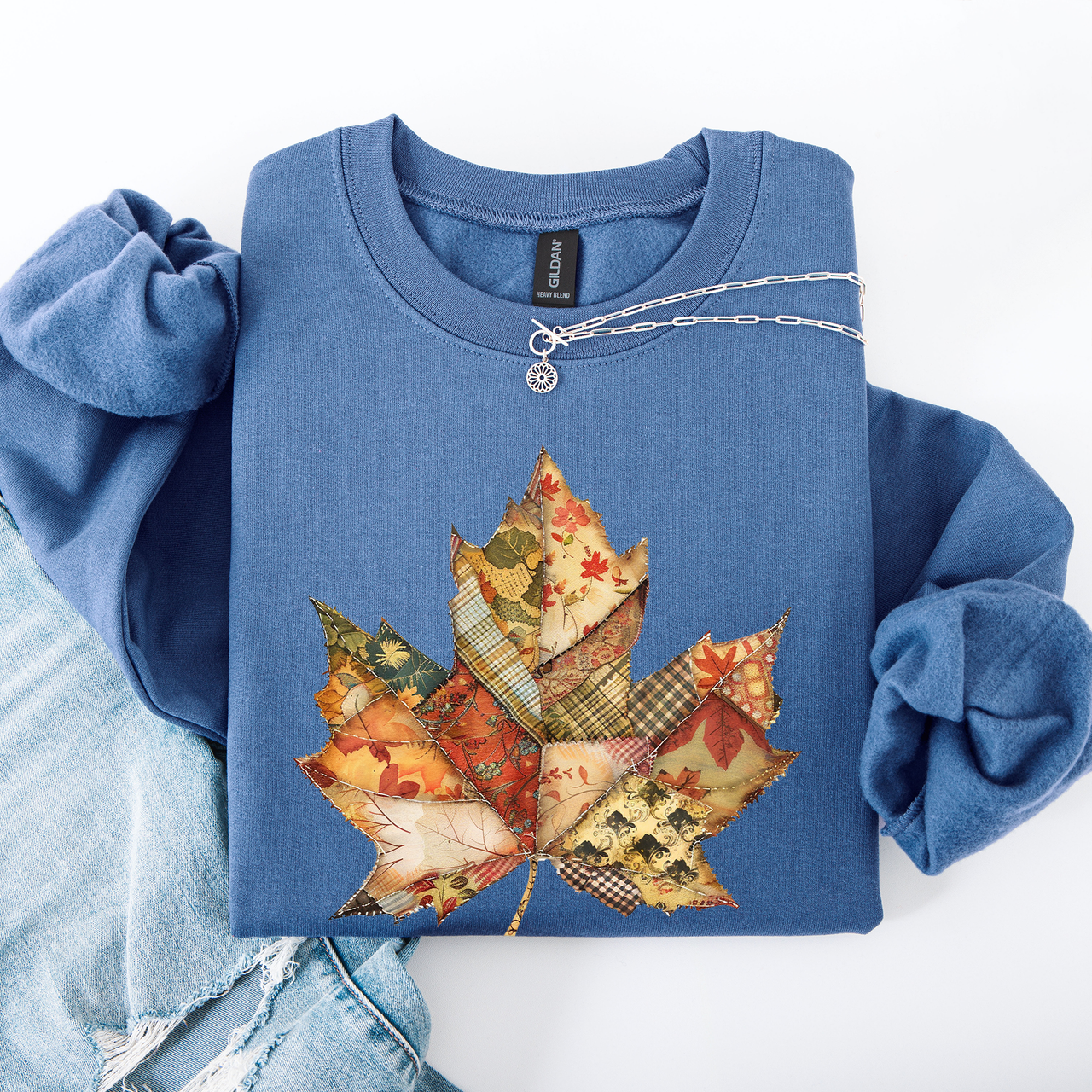 Autumn Leaf Faux Quilt Leaves Floral Sunflowers Pumpkins Thanksgiving Sweatshirt