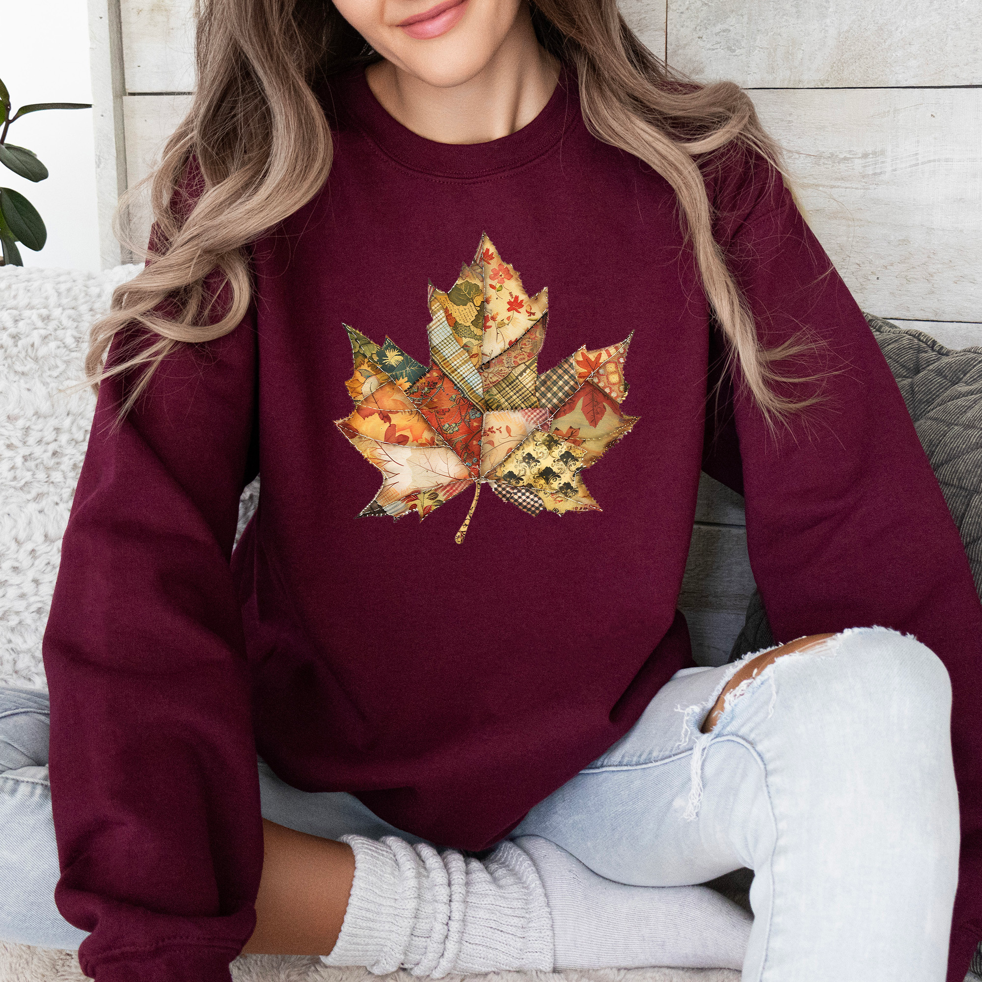 Autumn Leaf Faux Quilt Leaves Floral Sunflowers Pumpkins Thanksgiving Sweatshirt