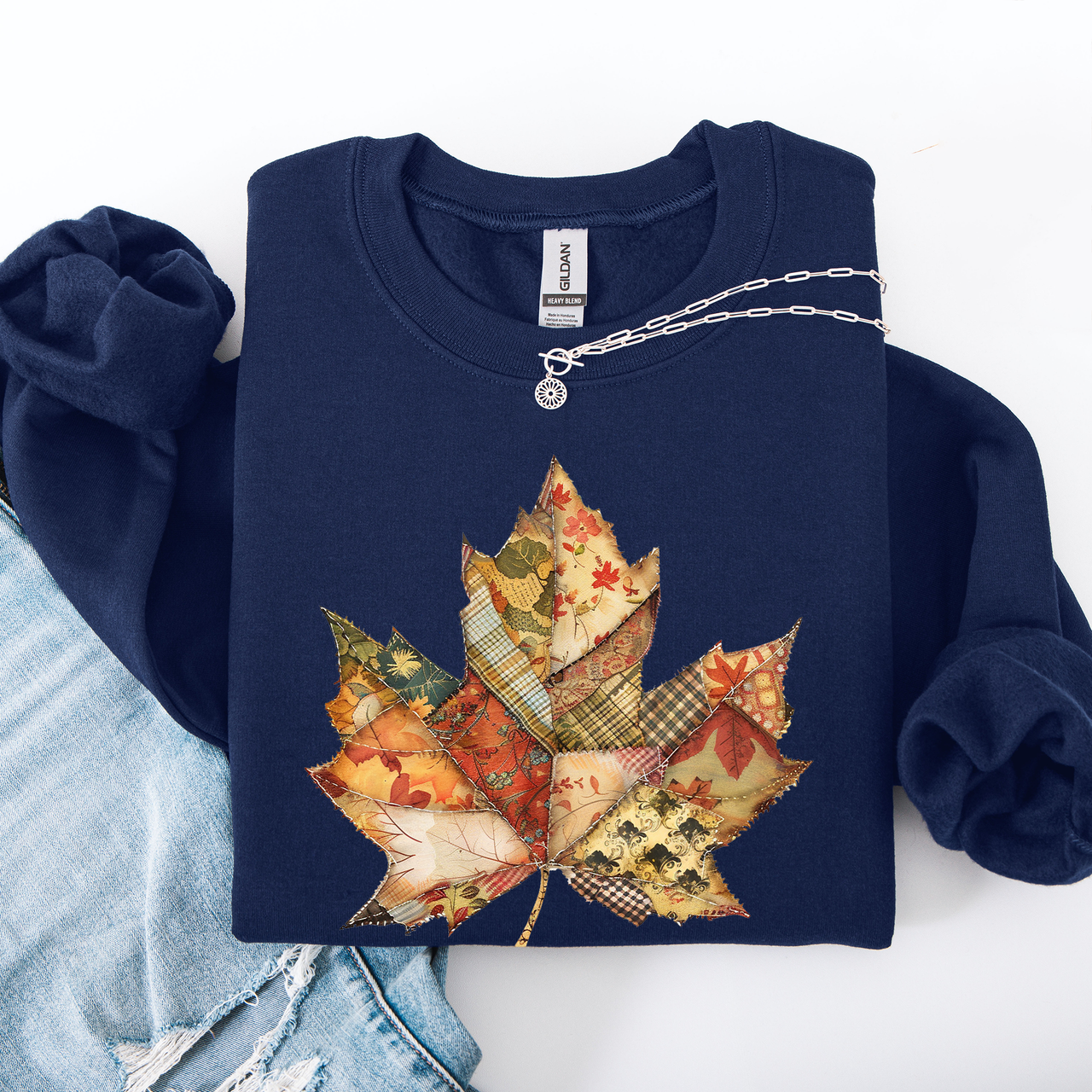 Autumn Leaf Faux Quilt Leaves Floral Sunflowers Pumpkins Thanksgiving Sweatshirt