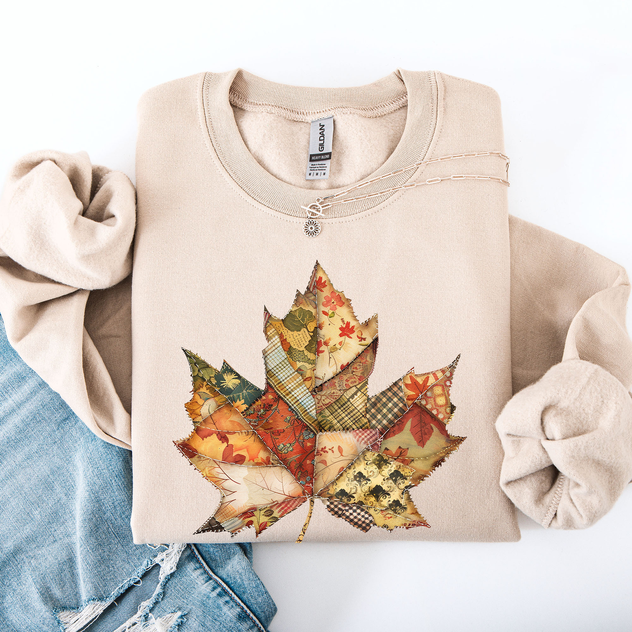 Autumn Leaf Faux Quilt Leaves Floral Sunflowers Pumpkins Thanksgiving Sweatshirt