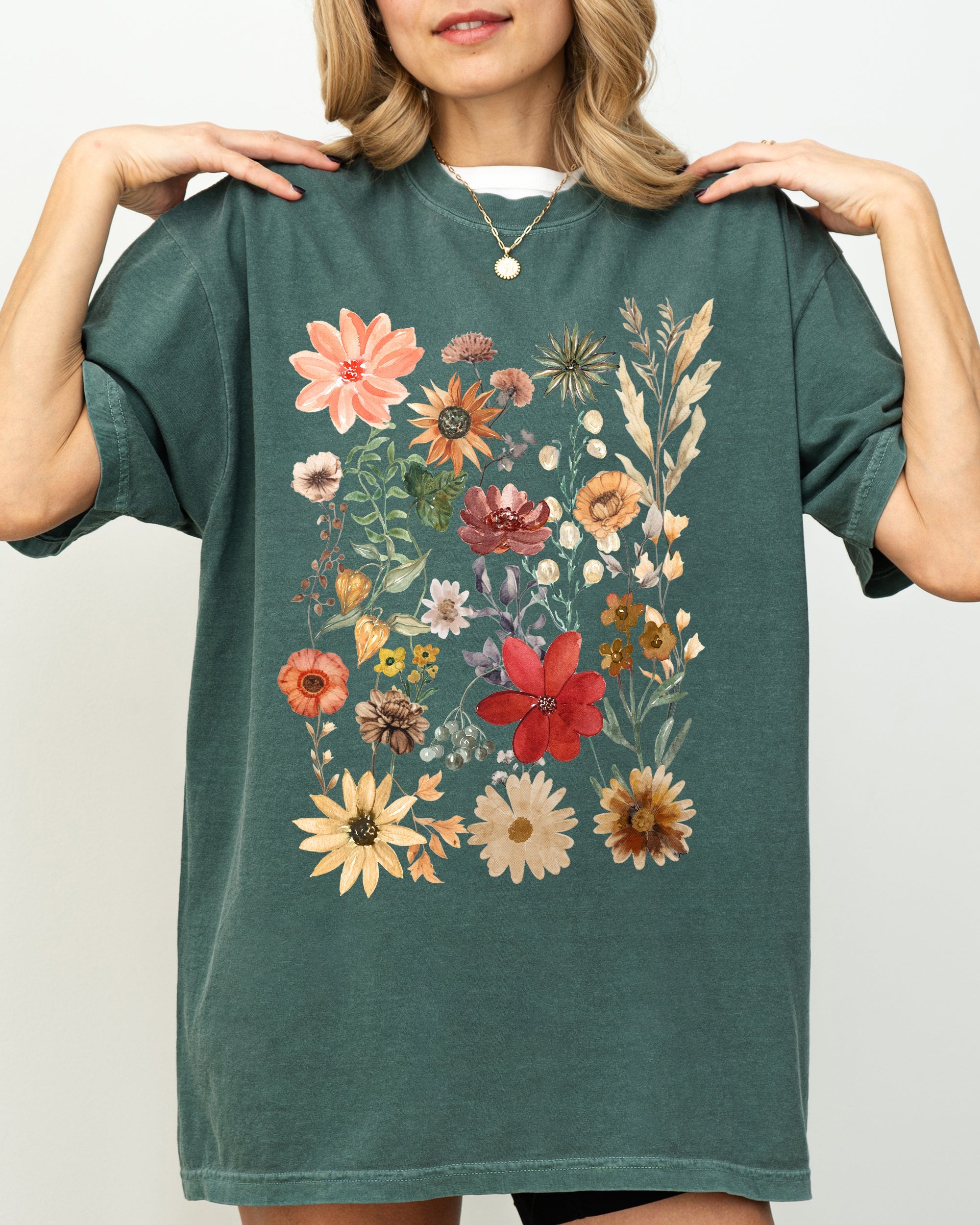 Autumn Pressed Flowers With Botanical Leaves And Rustic Fall Aesthetic For Nature Lovers Comfort Colors Tee