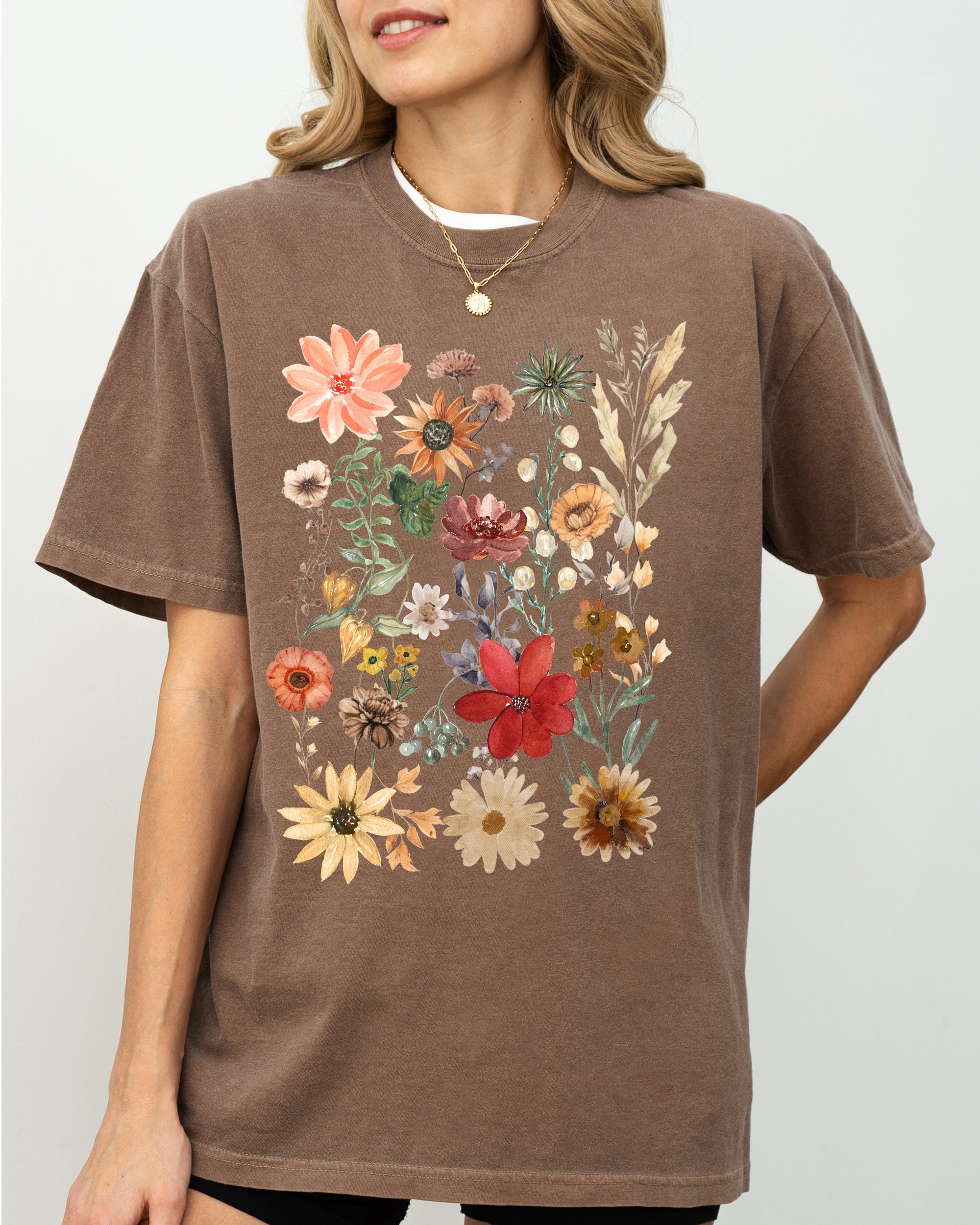 Autumn Pressed Flowers With Botanical Leaves And Rustic Fall Aesthetic For Nature Lovers Comfort Colors Tee