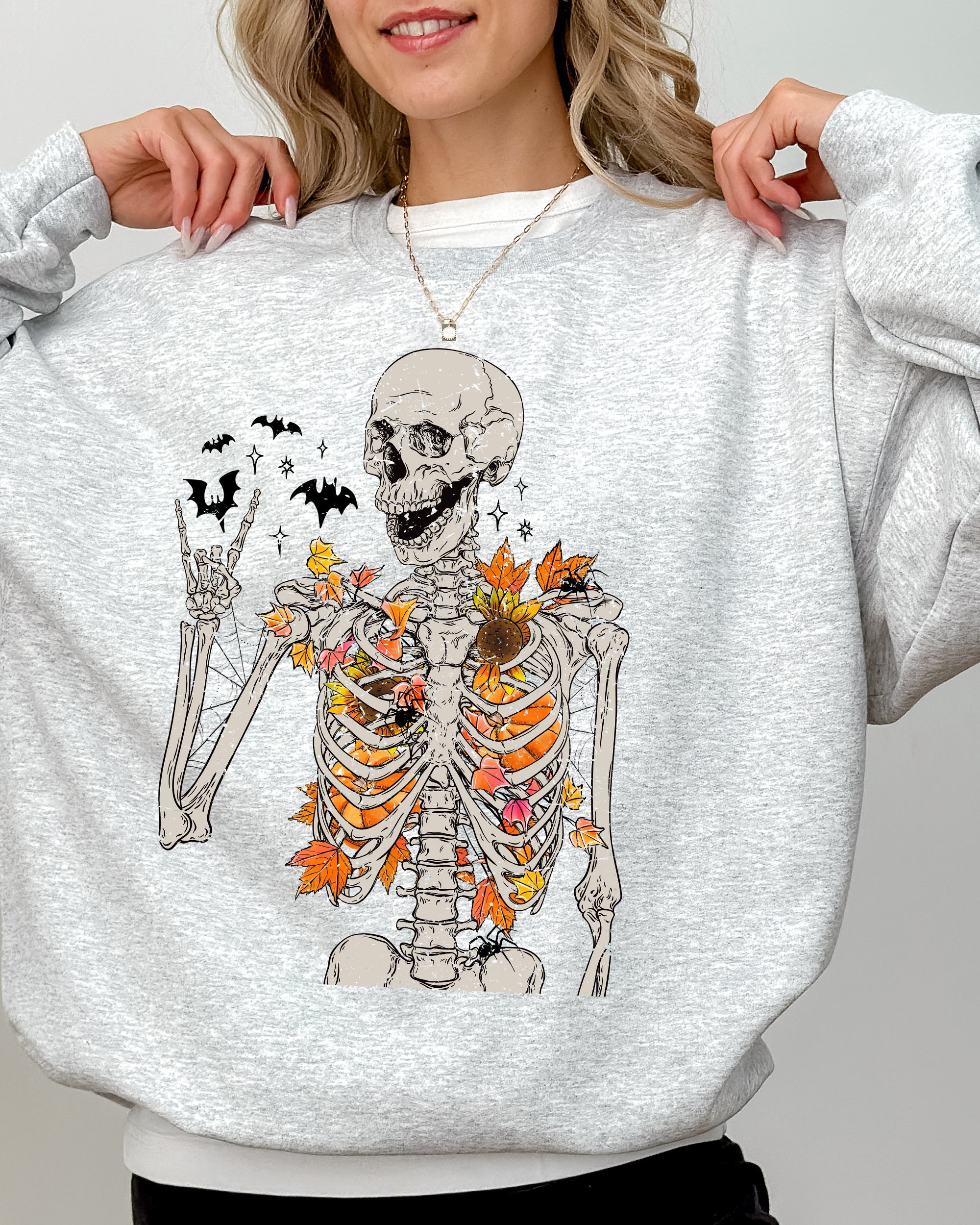 Autumn Skeleton Bats Halloween Fall Night Cozy Haunted Vibes Illustration Sweatshirt