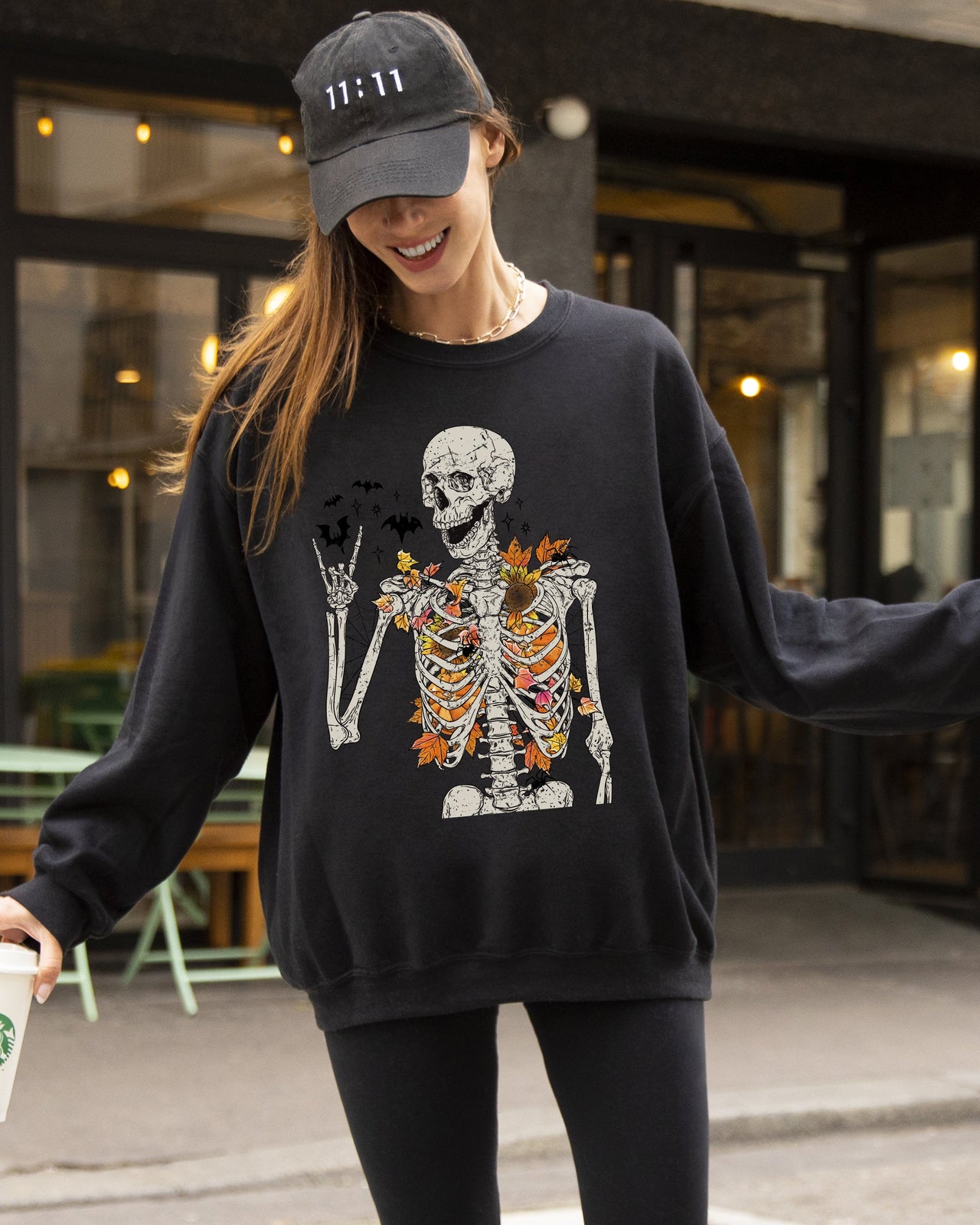 Autumn Skeleton Bats Halloween Fall Night Cozy Haunted Vibes Illustration Sweatshirt