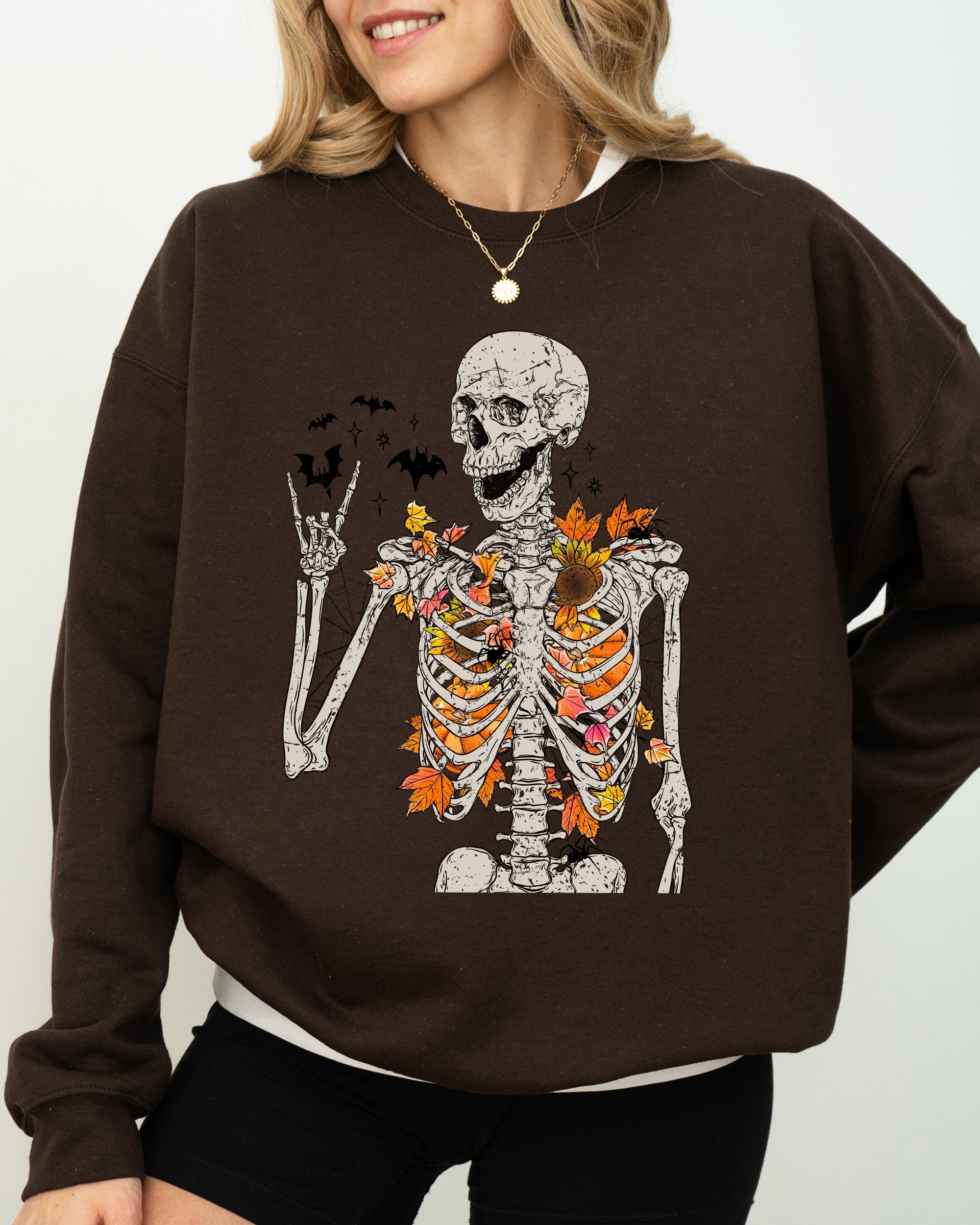 Autumn Skeleton Bats Halloween Fall Night Cozy Haunted Vibes Illustration Sweatshirt
