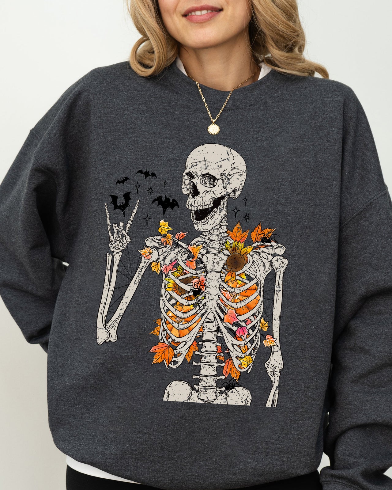 Autumn Skeleton Bats Halloween Fall Night Cozy Haunted Vibes Illustration Sweatshirt