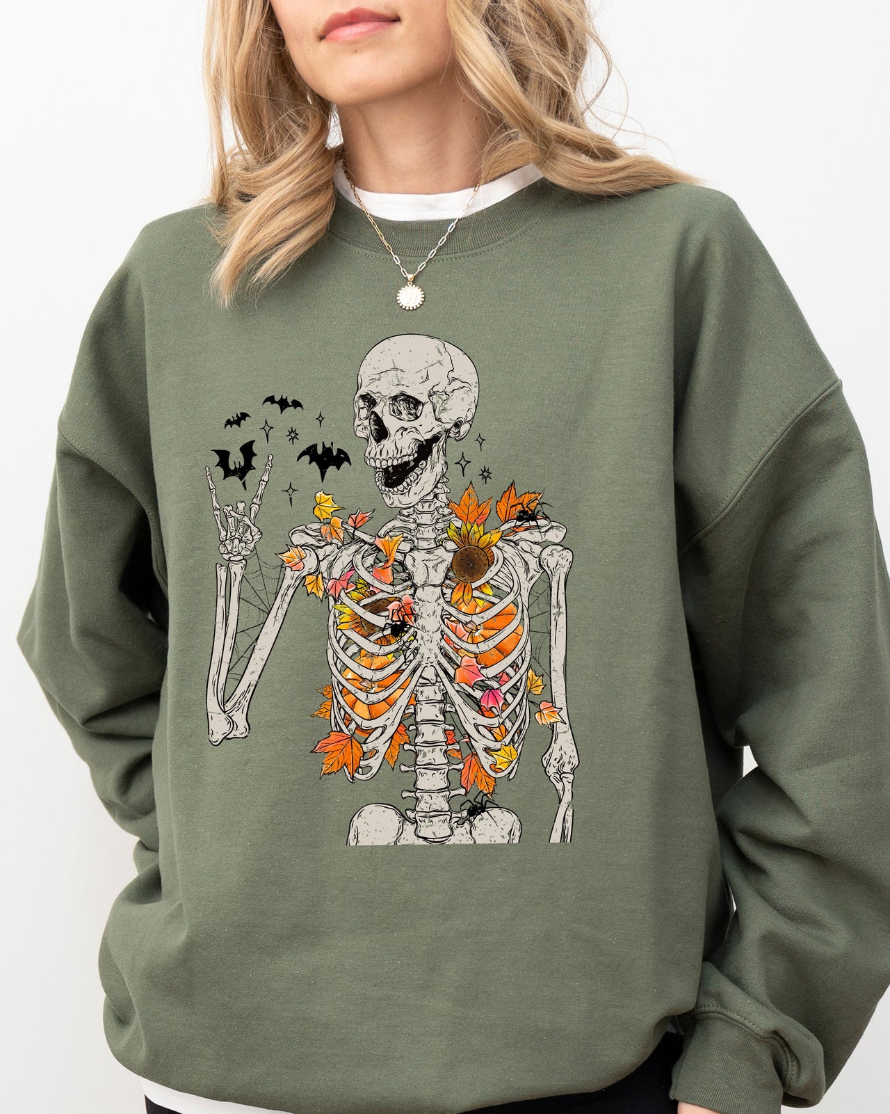 Autumn Skeleton Bats Halloween Fall Night Cozy Haunted Vibes Illustration Sweatshirt