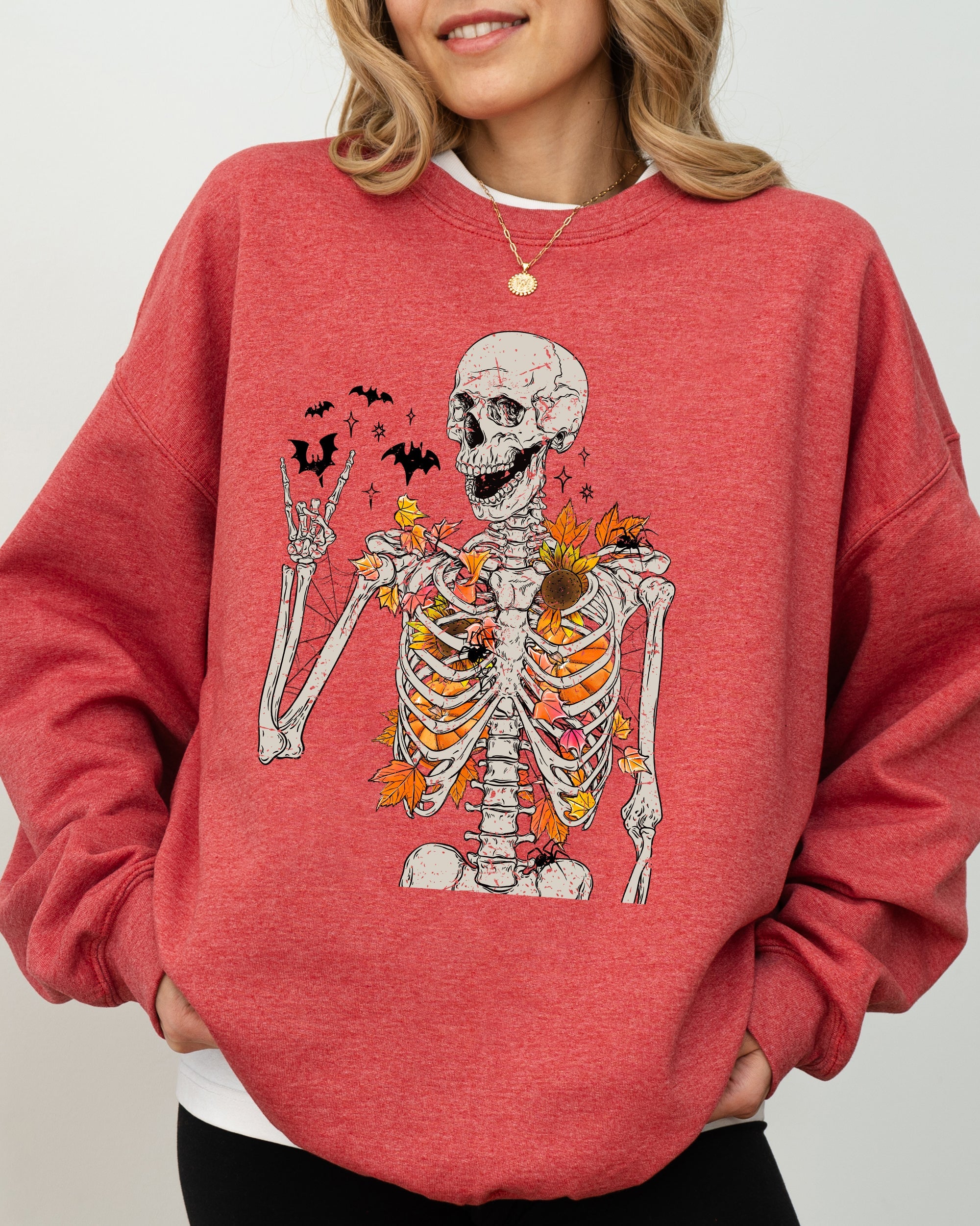 Autumn Skeleton Bats Halloween Fall Night Cozy Haunted Vibes Illustration Sweatshirt