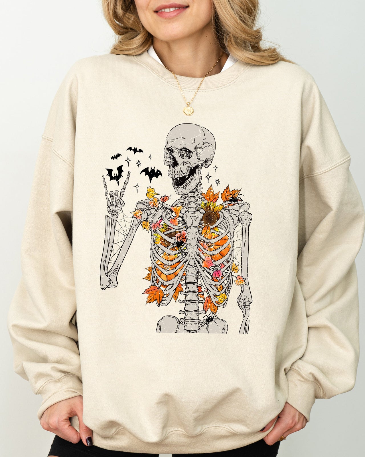 Autumn Skeleton Bats Halloween Fall Night Cozy Haunted Vibes Illustration Sweatshirt