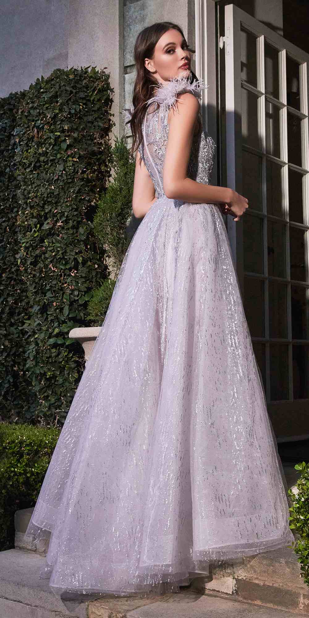 Cinderella Divine B704 Feathered Shoulder Tulle A-Line Ball Gown